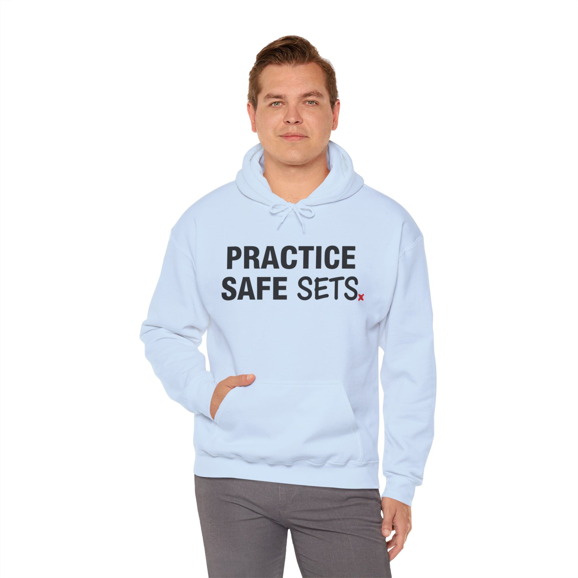 Practice Safe Sets volleyball joke graphic in bold lettering