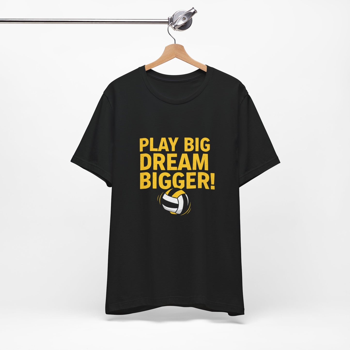 Bold PLAY BIG. DREAM BIGGER! design above striped volleyball art
