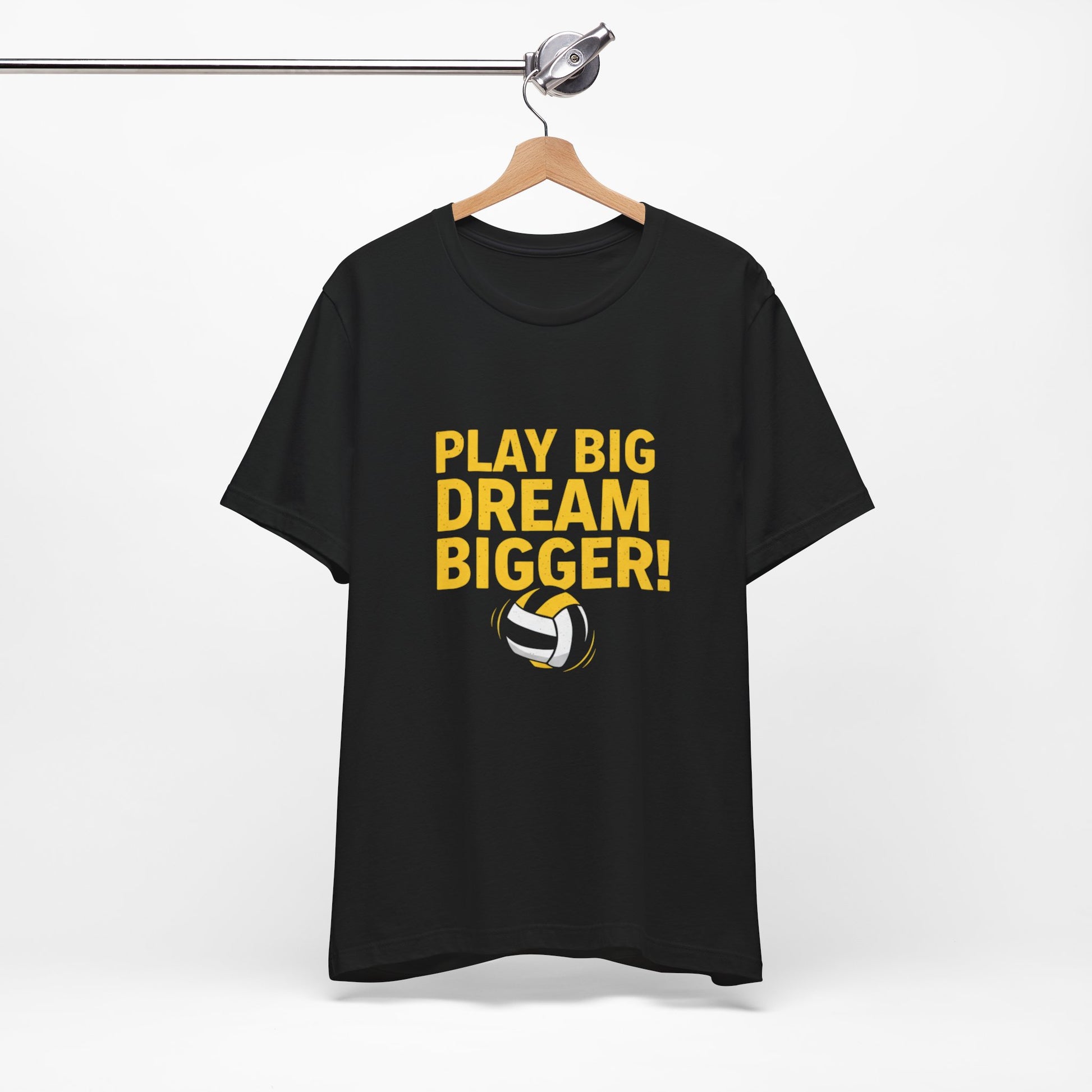 Bold PLAY BIG. DREAM BIGGER! design above striped volleyball art