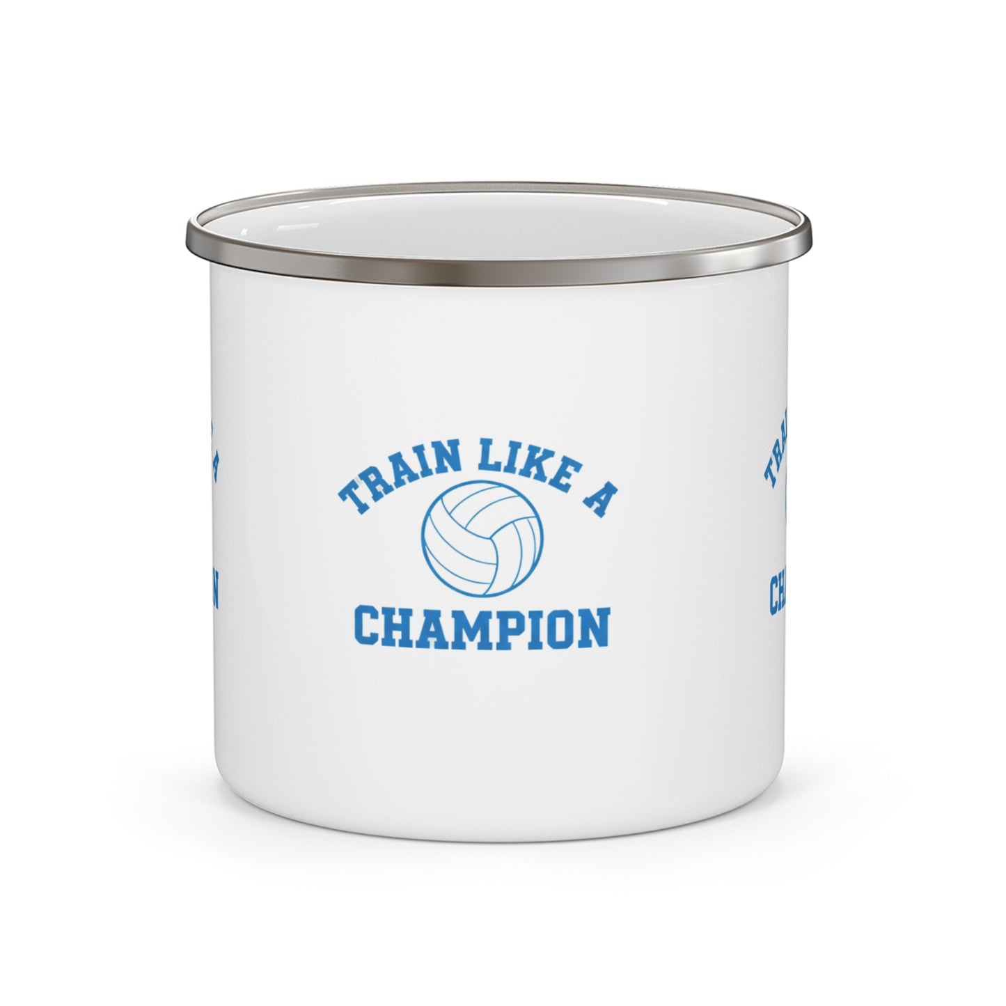 White enamel mug with championship volleyball artwork