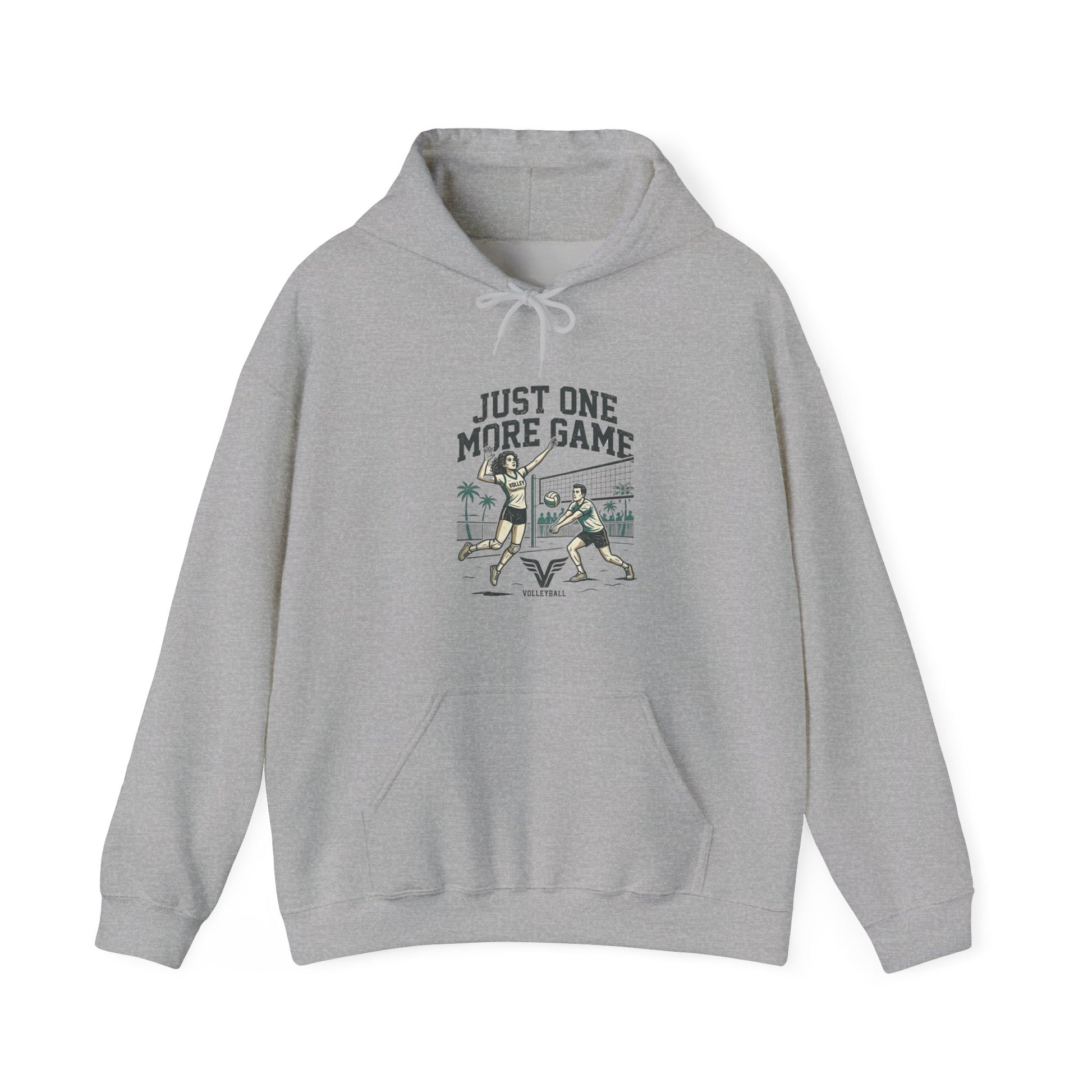 just one more game volleyball hoodie front text design
