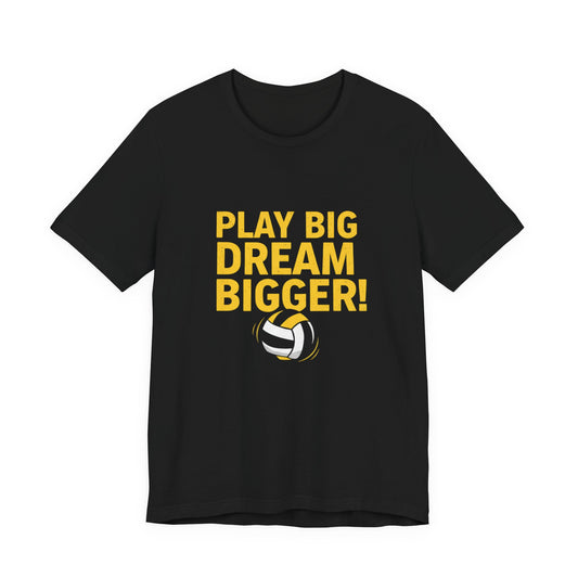 PLAY BIG. DREAM BIGGER! text with yellow and black striped volleyball underneath