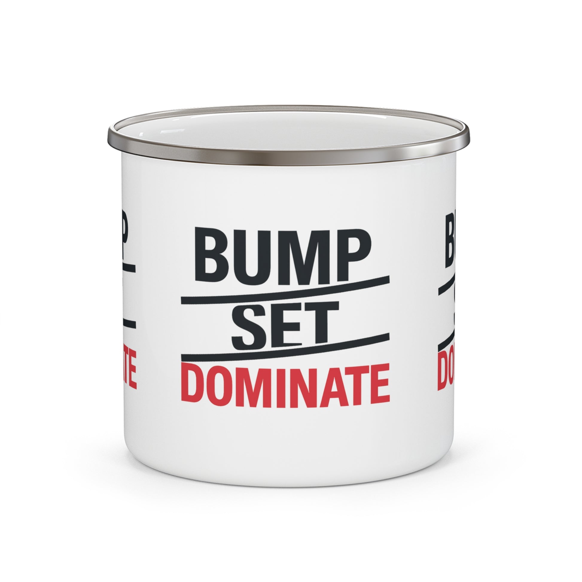 Enamel mug with “Bump, Set, Dominate!” volleyball print