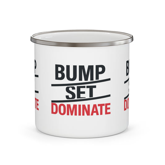 Enamel mug with “Bump, Set, Dominate!” volleyball print