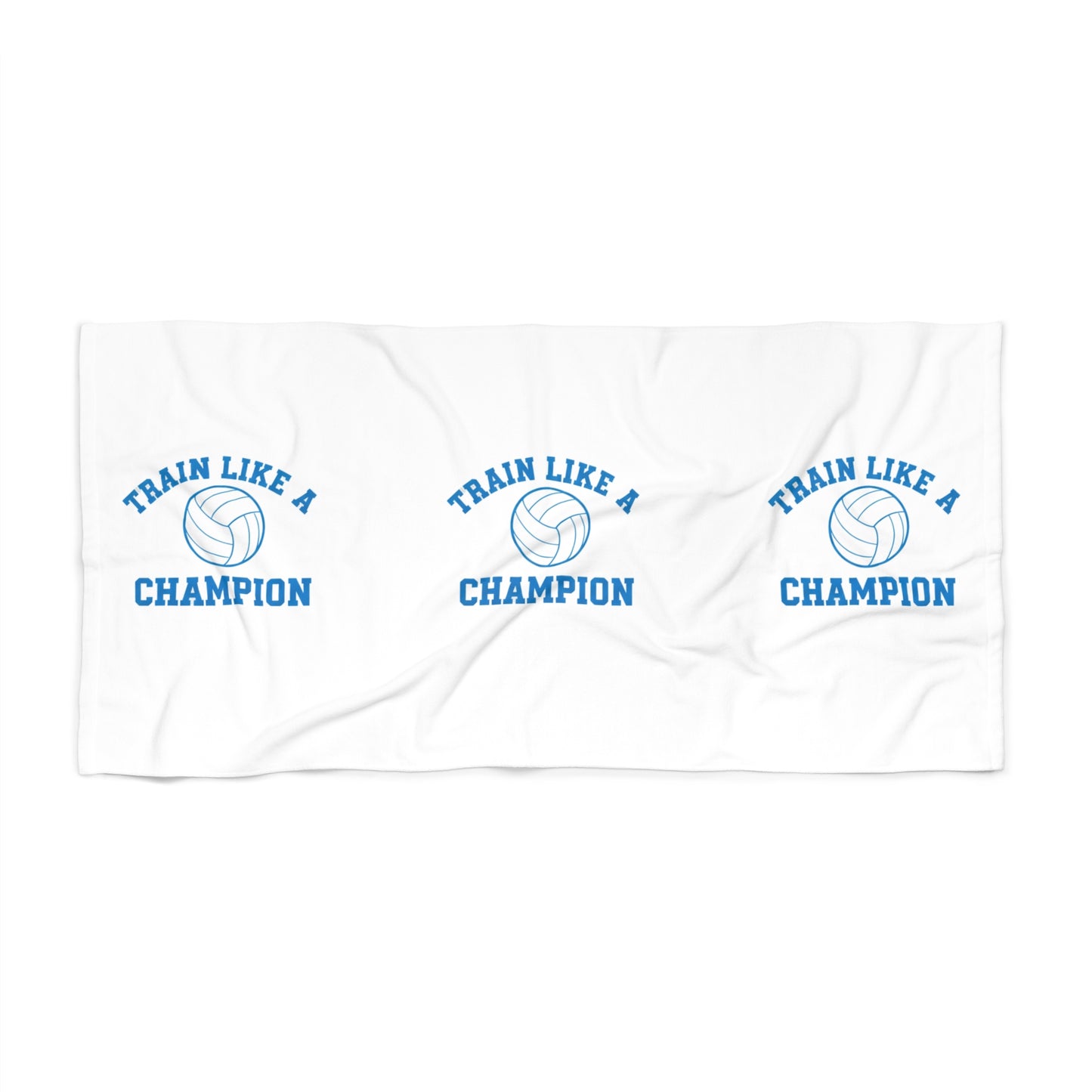 Minimalist volleyball symbol paired with bold “Train As A Champion!” text