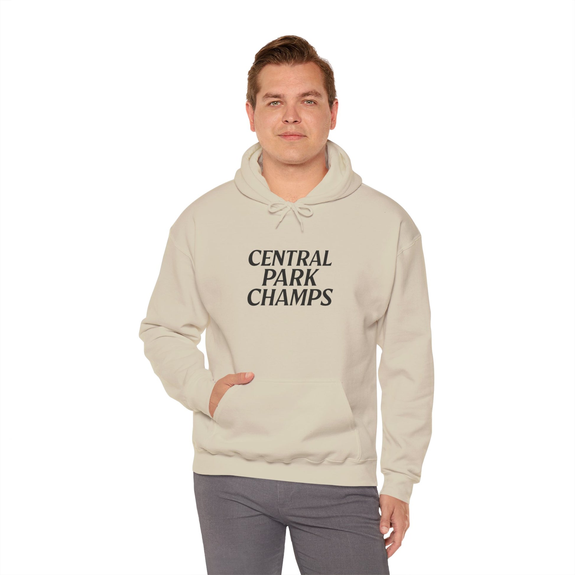 Hoodie front view showing kangaroo pocket and Champs design.