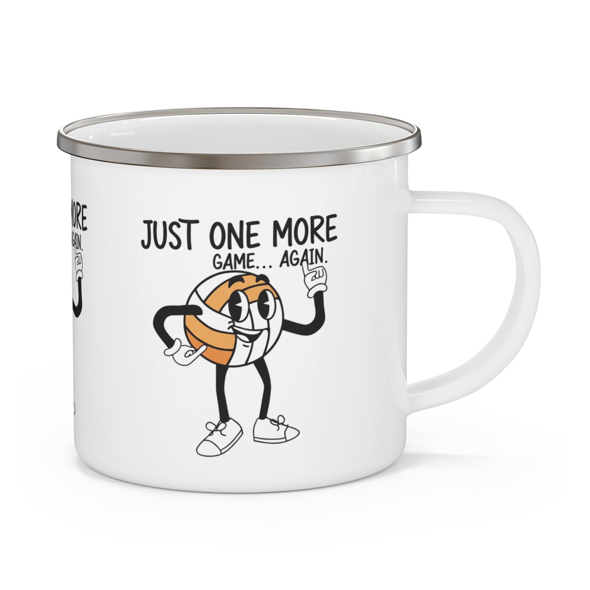 Stainless steel camp mug with volleyball text