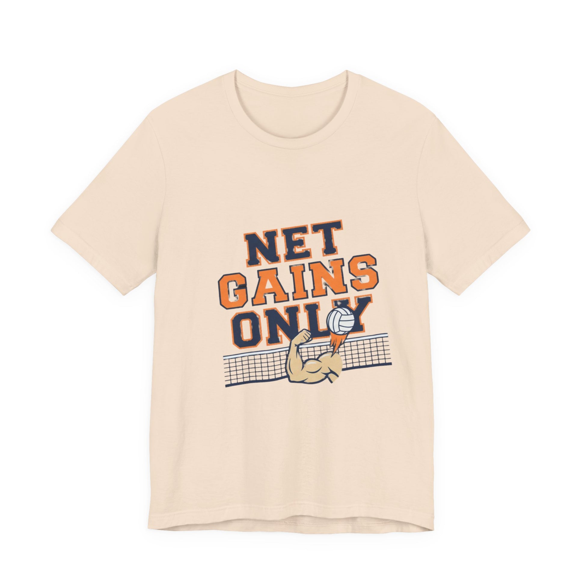 Minimalist volleyball shirt featuring Net Gains Only slogan