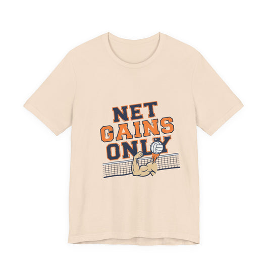 Minimalist volleyball shirt featuring Net Gains Only slogan