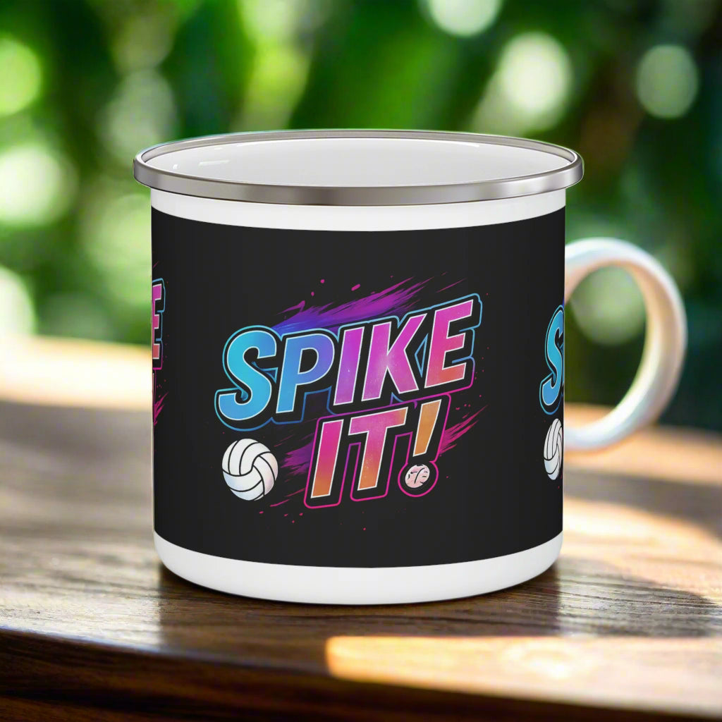 Black enamel camping mug with colorful Spike It volleyball design