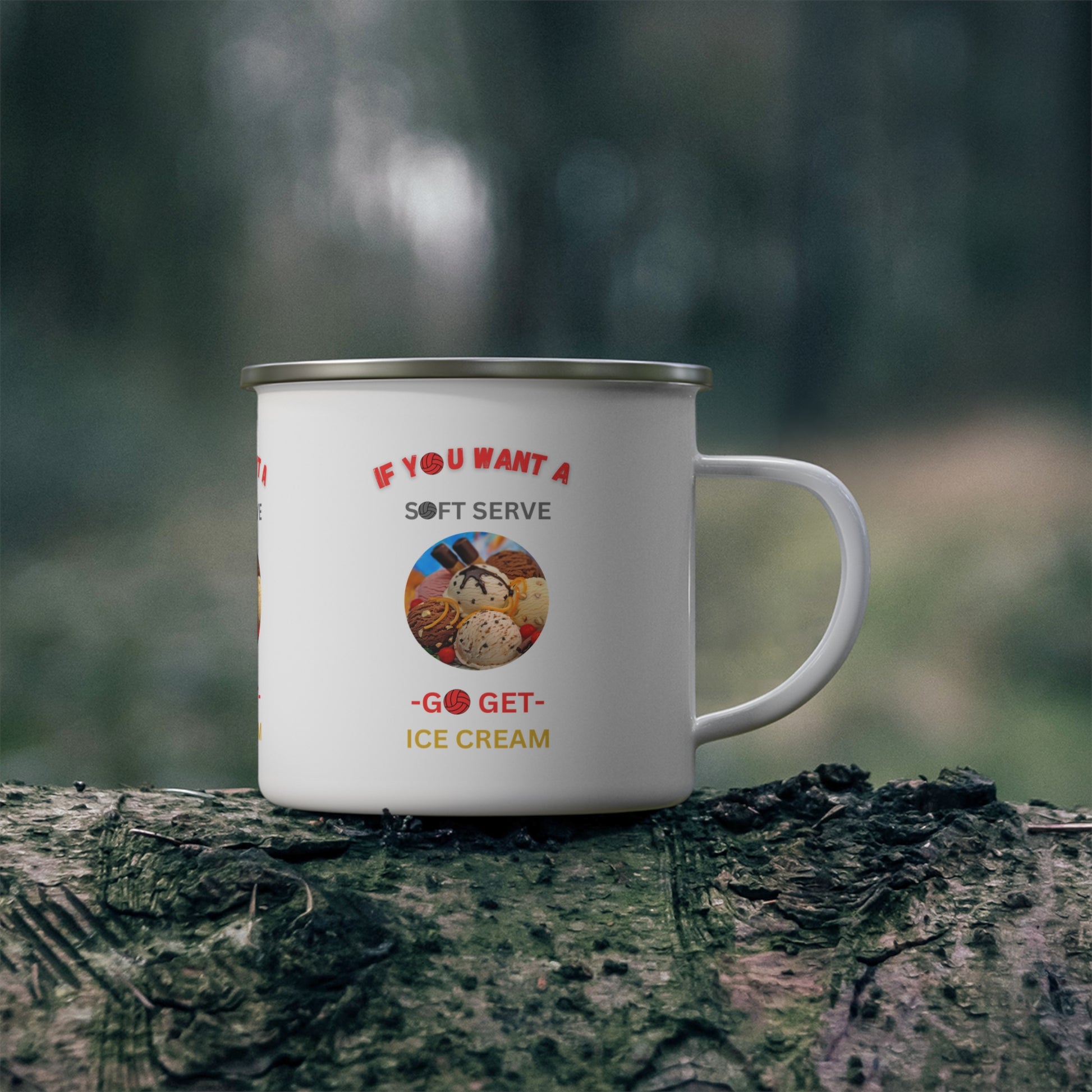Lightweight stainless steel mug with playful ice cream and volleyball slogan in bright colors.