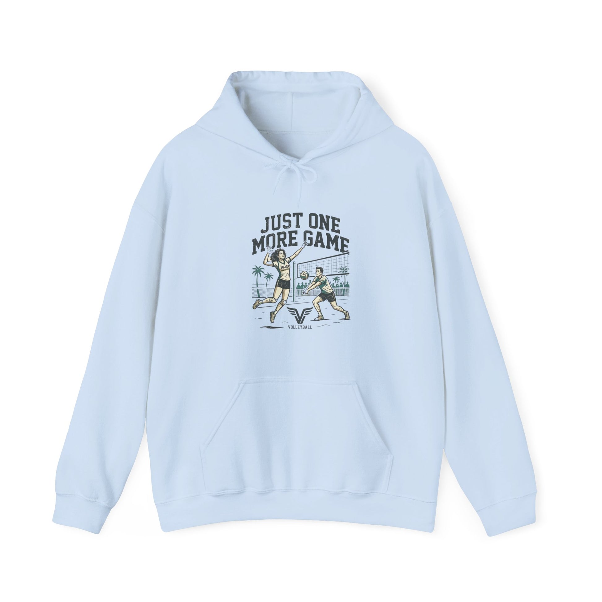 just one more game volleyball hoodie front text design