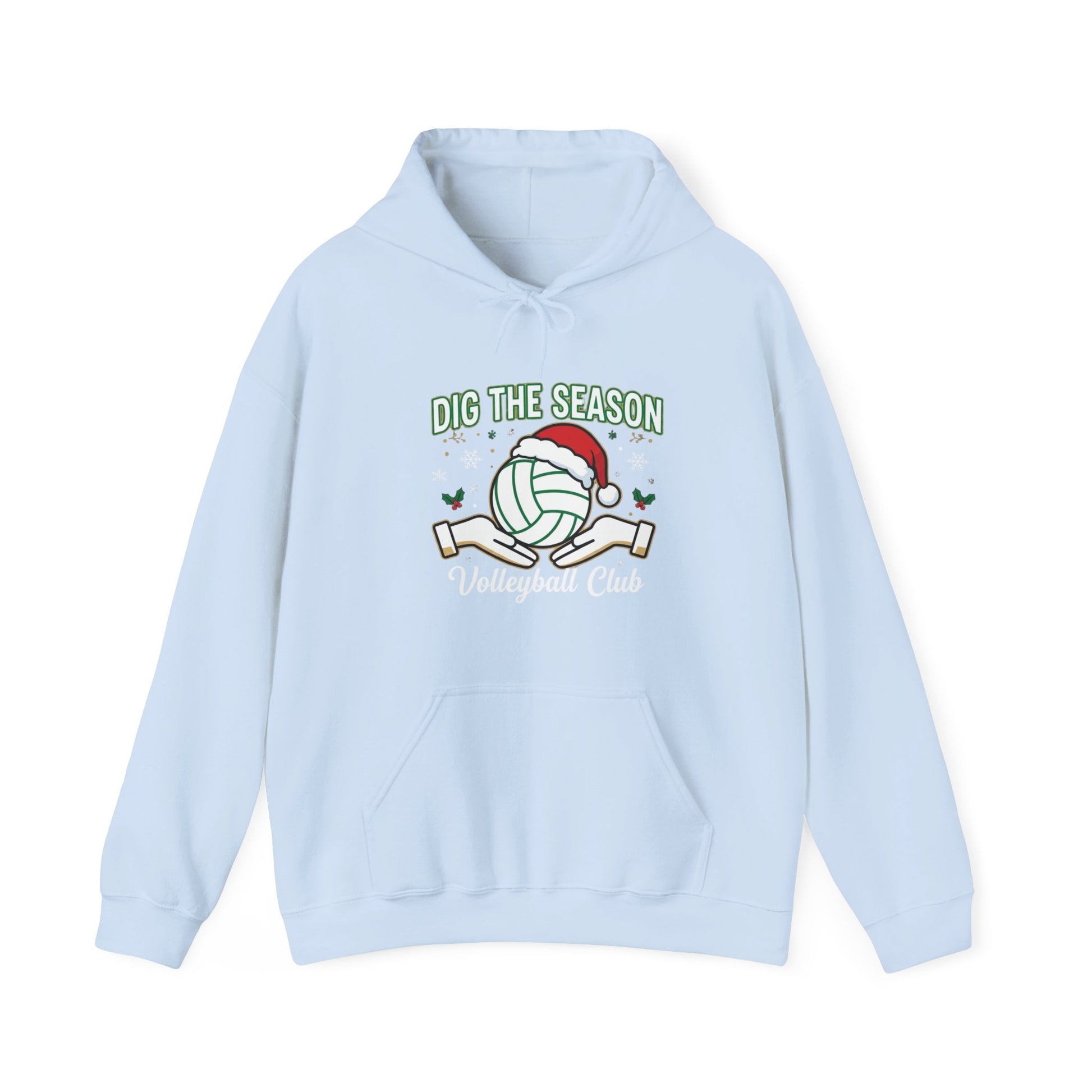 Holiday-themed volleyball slogan printed on hoodie