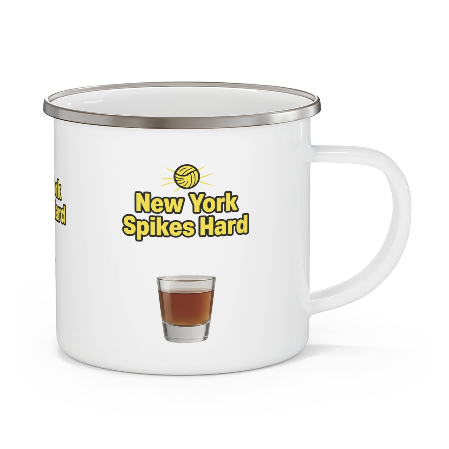 Close-up of Spikes Hard print on enamel camping mug.