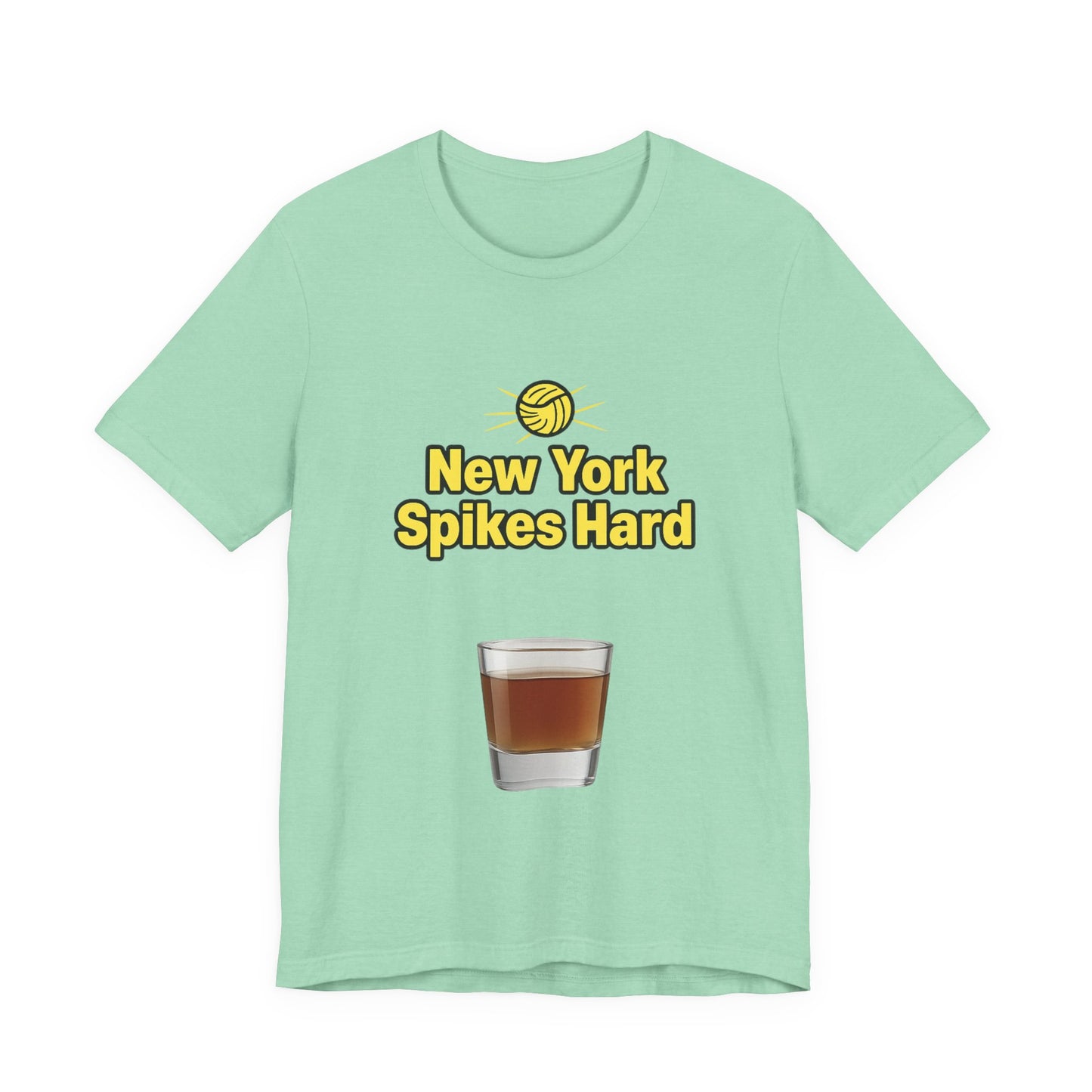 Athlete wearing New York Spikes Hard t-shirt on volleyball court.