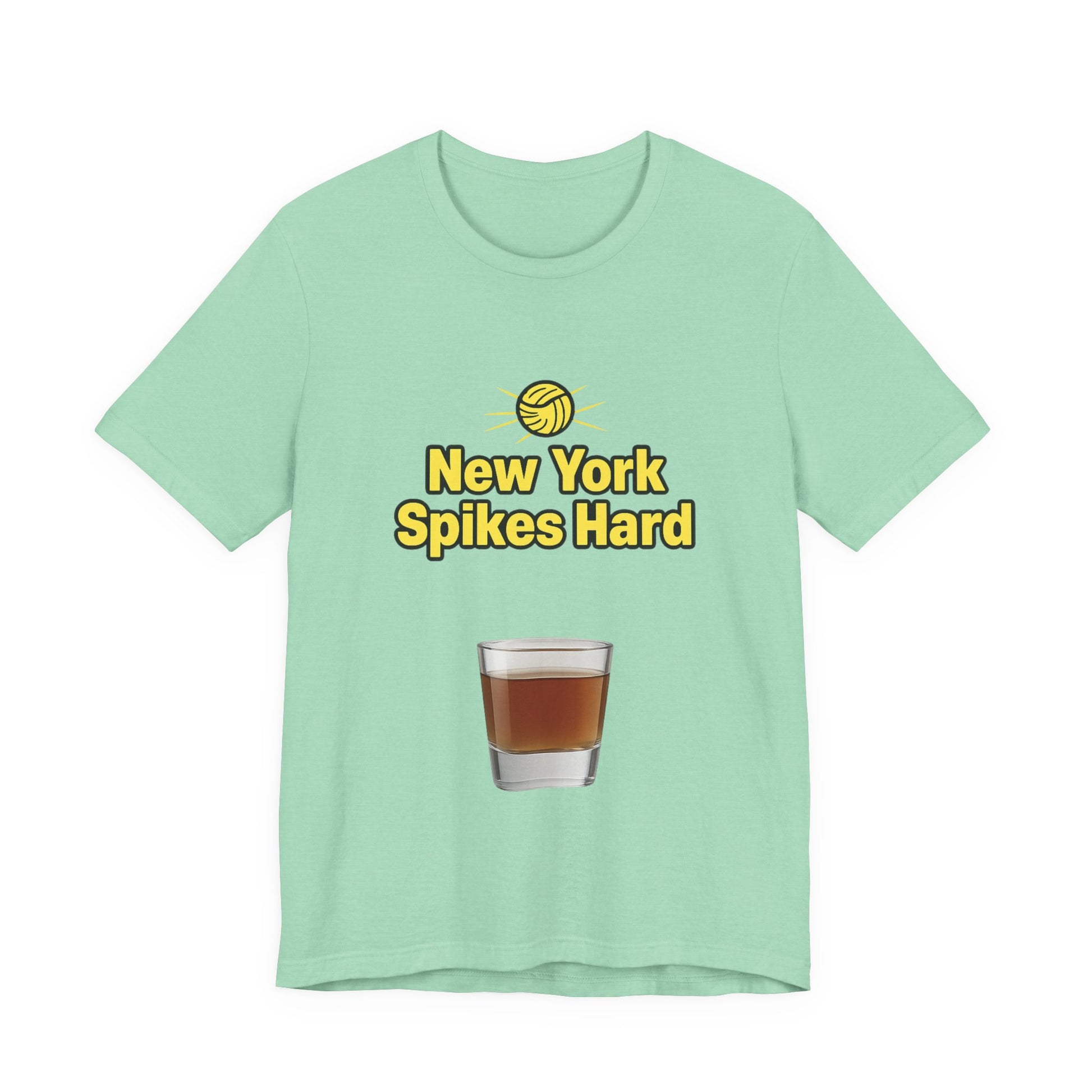 Athlete wearing New York Spikes Hard t-shirt on volleyball court.