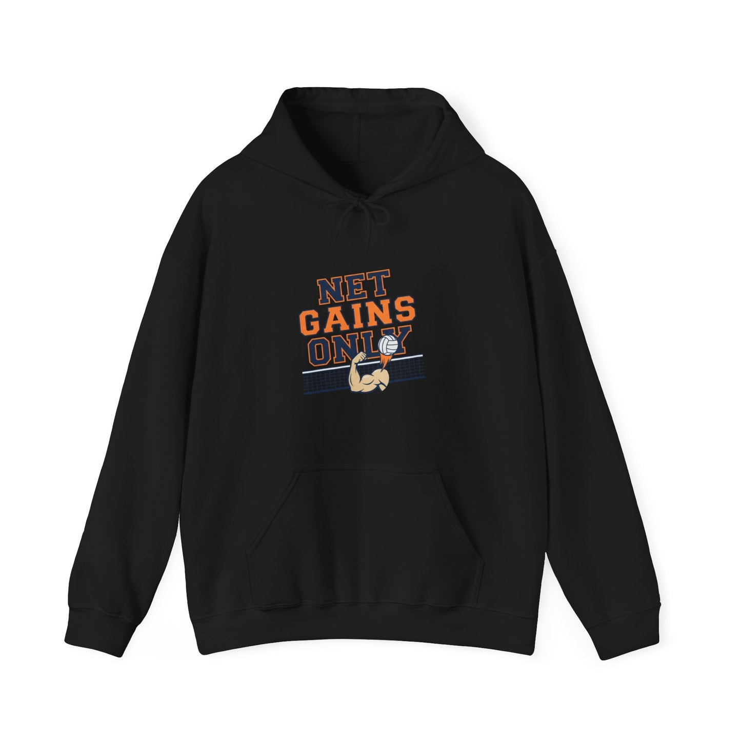 Minimalist volleyball hoodie featuring Net Gains Only slogan