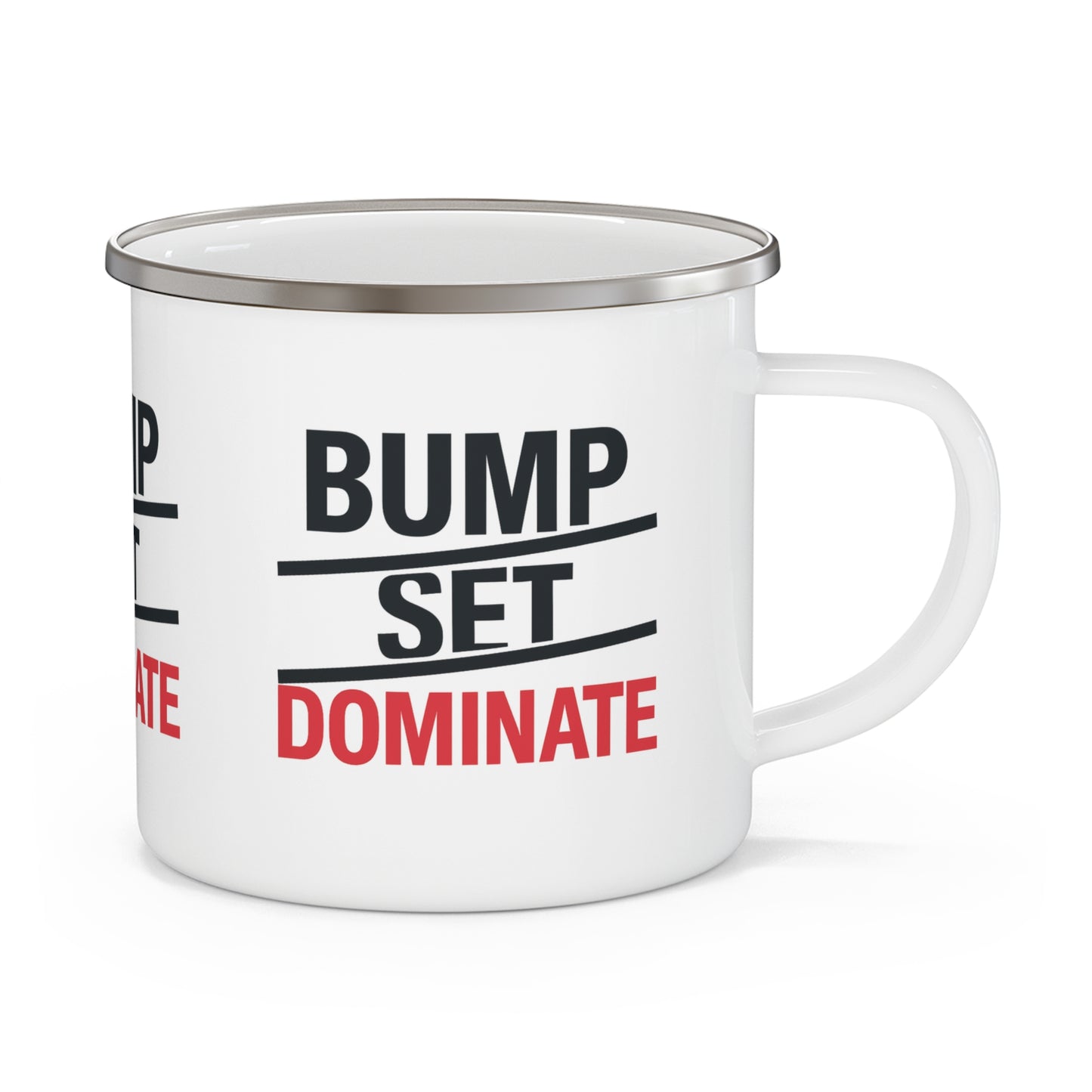 White enamel mug with bold volleyball slogan