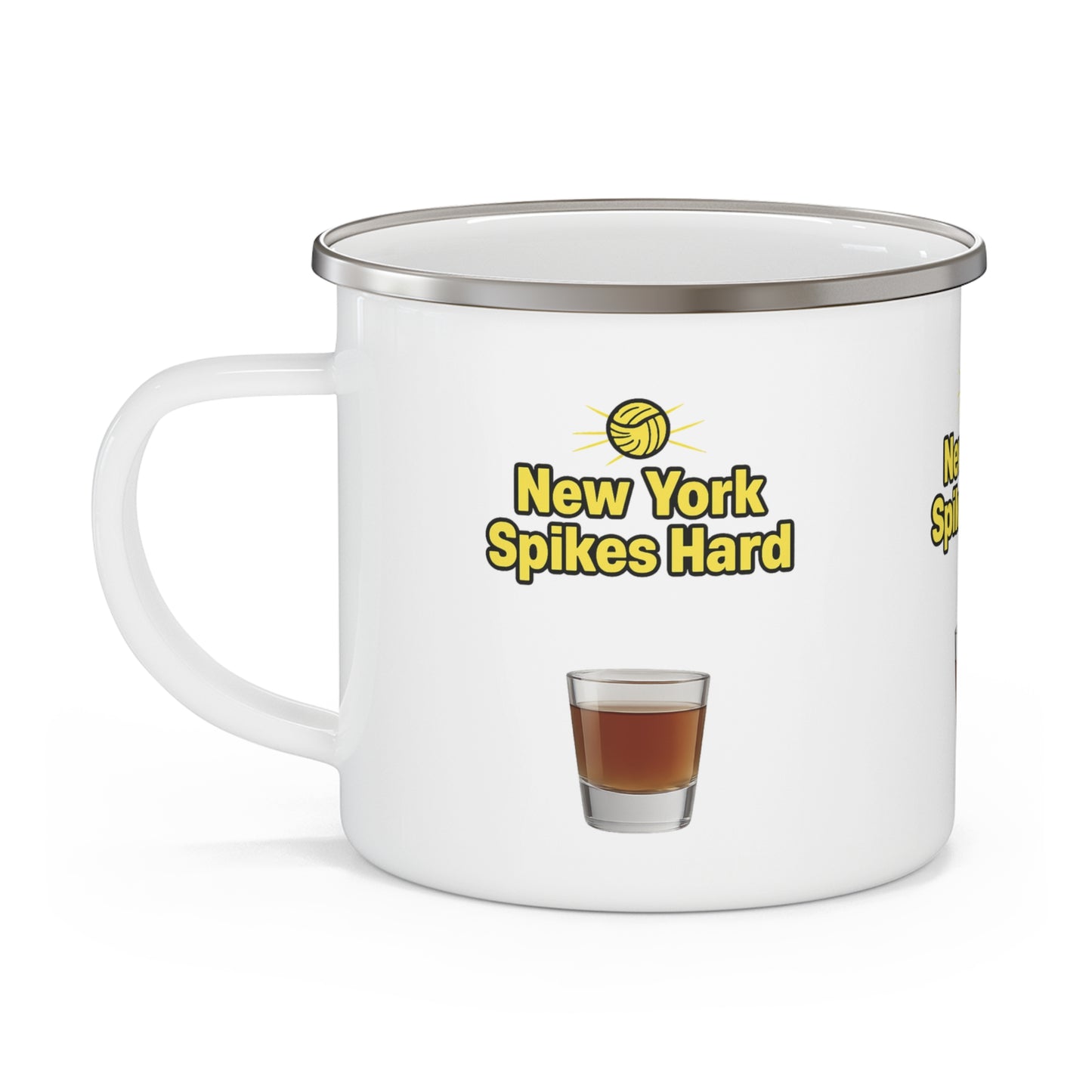 Enamel mug on picnic table with NYC volleyball design.