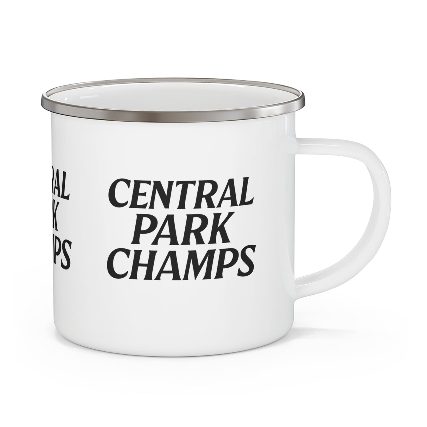 Central Park Champs mug on an outdoor picnic table.