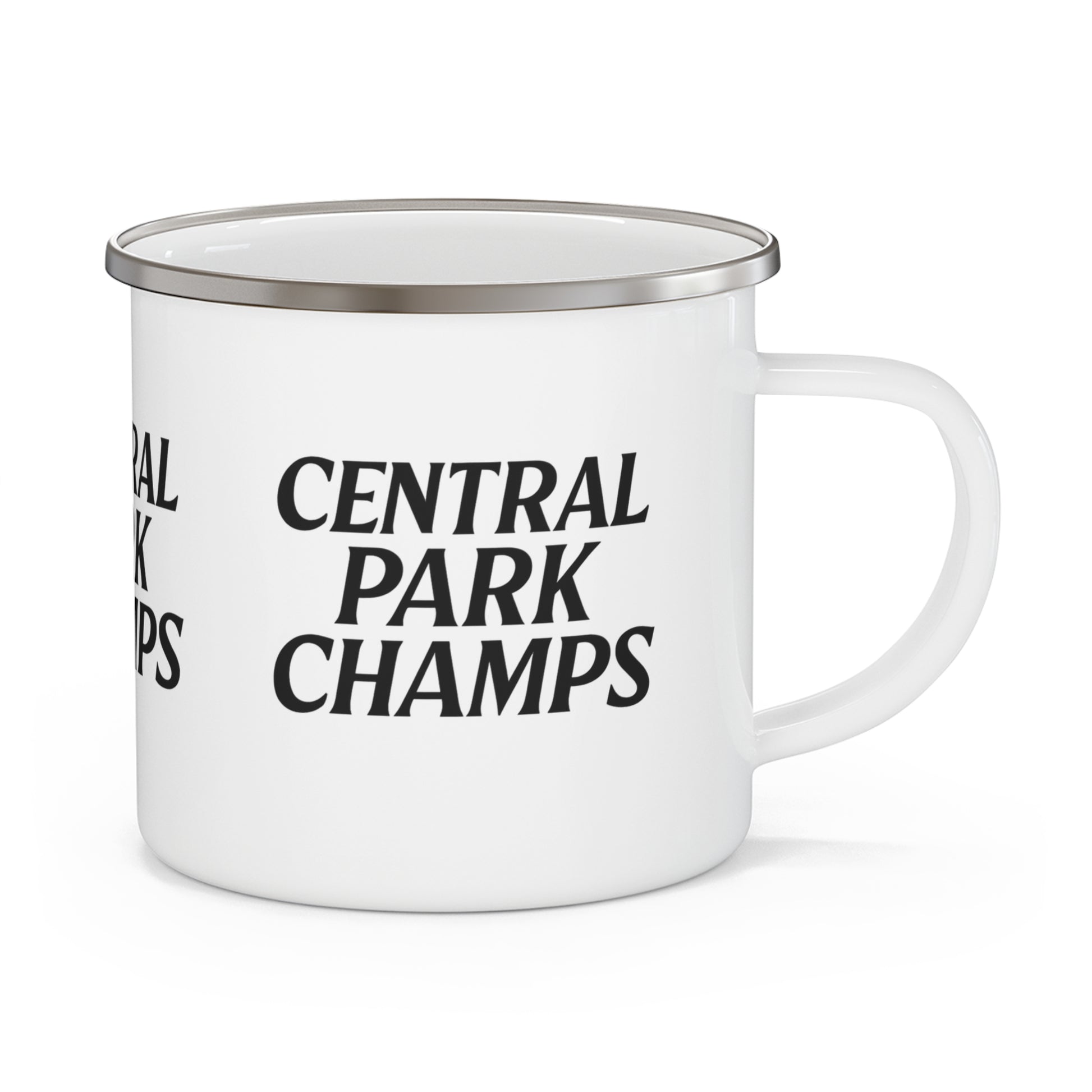 Central Park Champs mug on an outdoor picnic table.