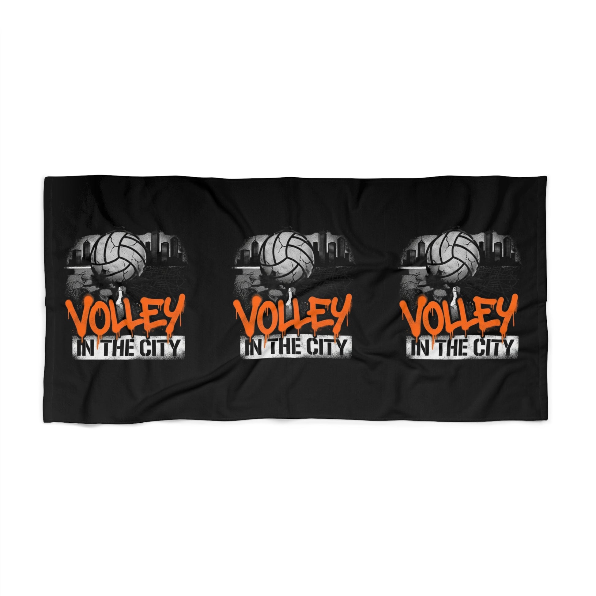 High-contrast volleyball text design on beach towel