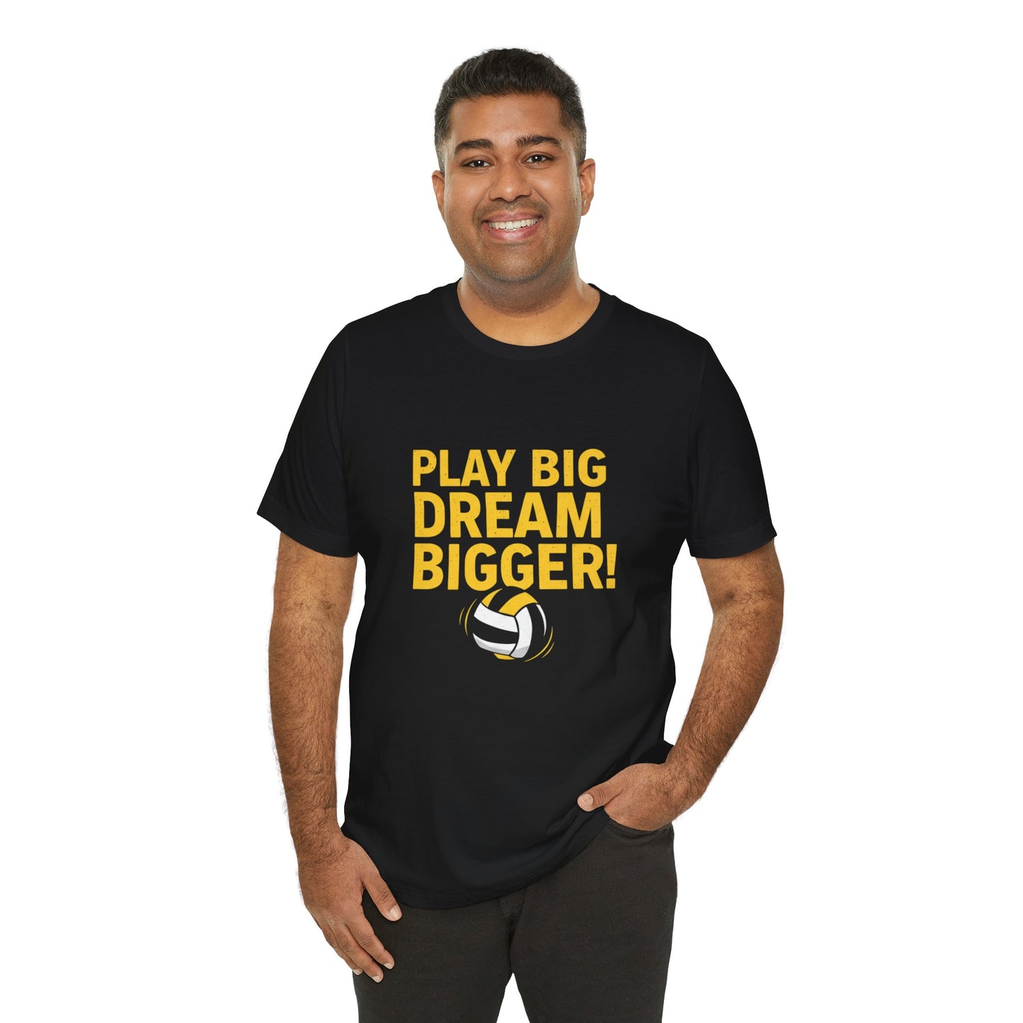 Yellow and black striped volleyball placed below PLAY BIG. DREAM BIGGER! wording.