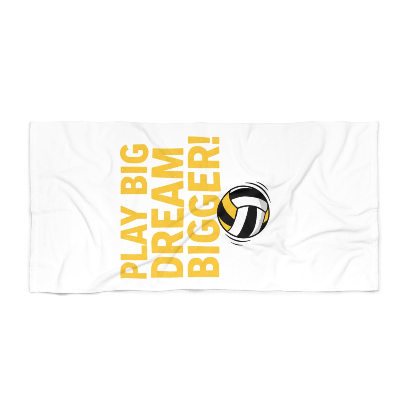 Volleyball towel featuring bold PLAY BIG. DREAM BIGGER! typography and ball art