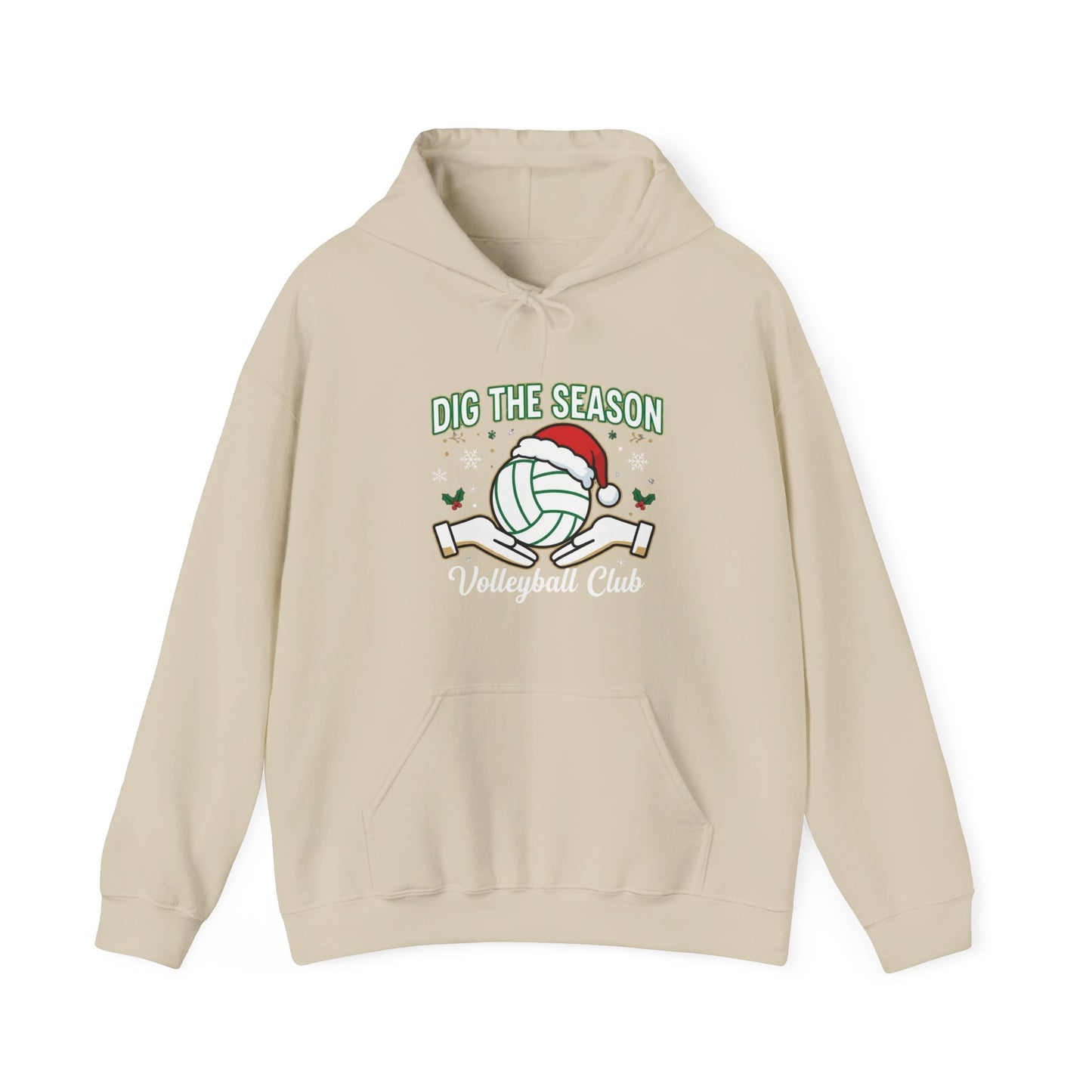 Festive volleyball hoodie with Dig the Season text