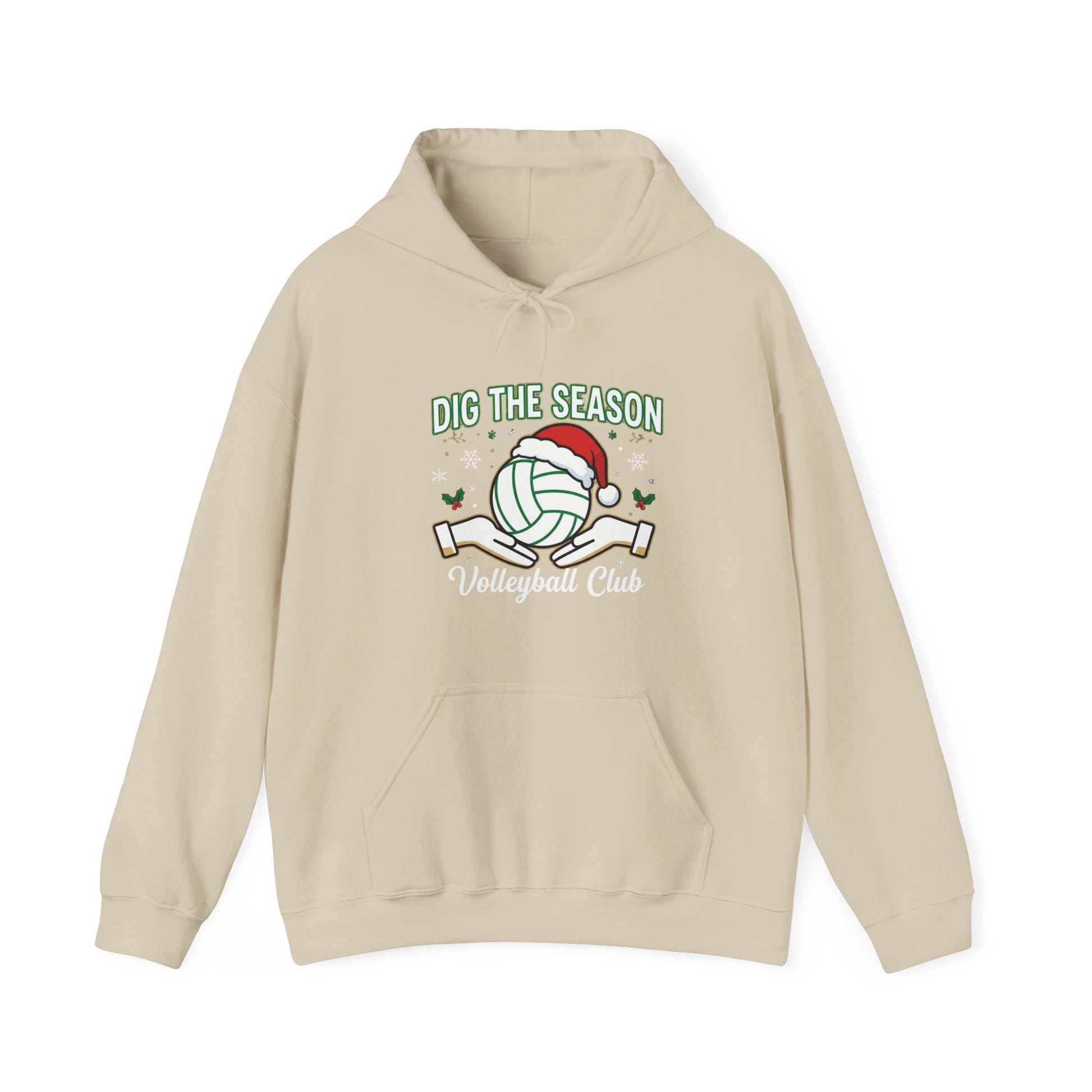 Festive volleyball hoodie with Dig the Season text