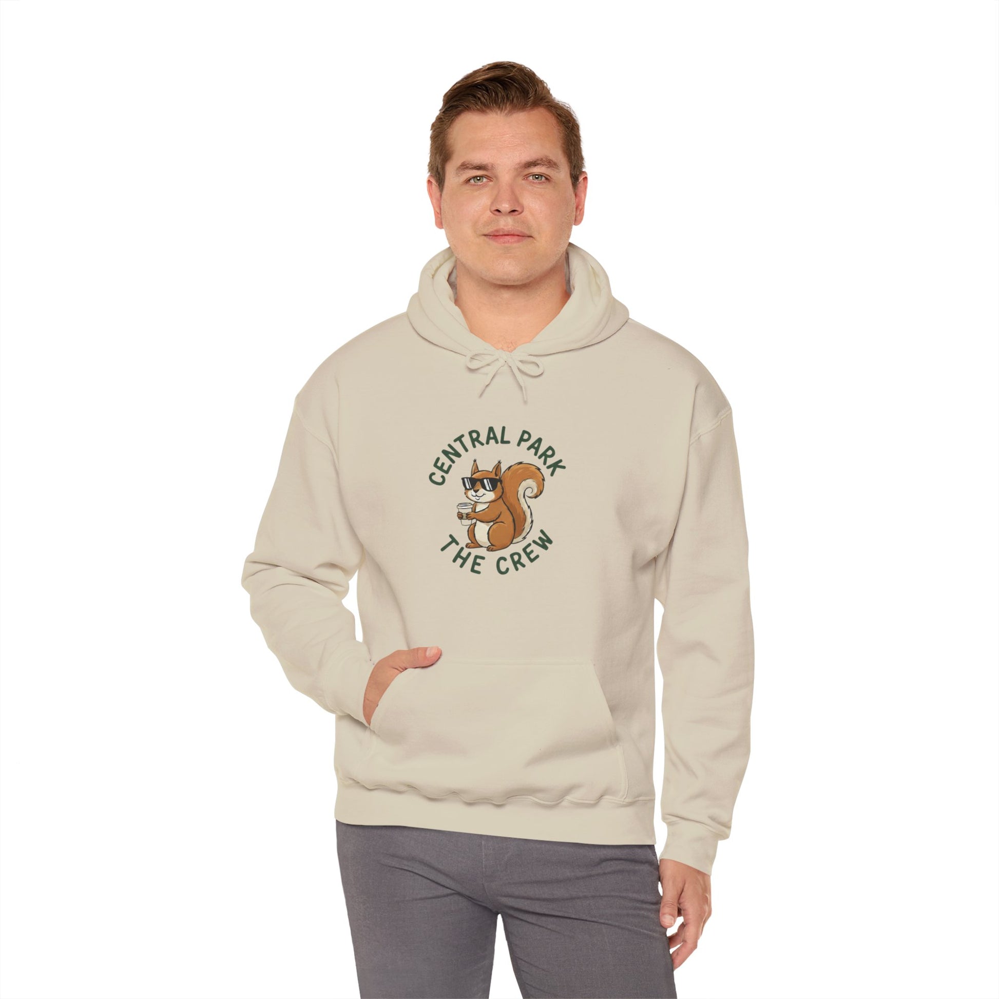 Hoodie front view showing kangaroo pocket and colorful squirrel design.
