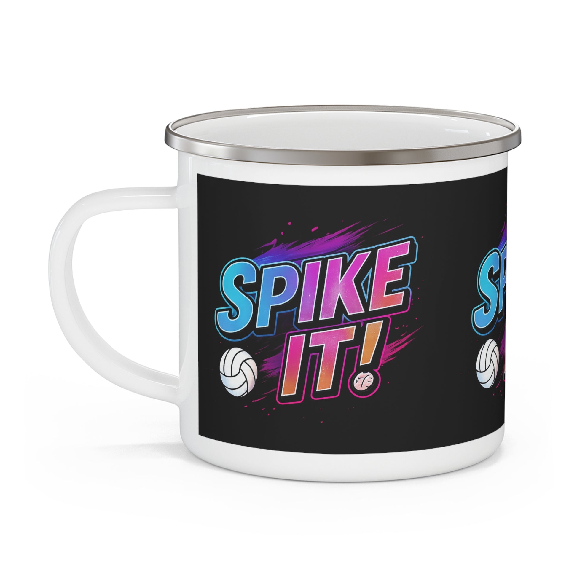 Lightweight black enamel mug with vibrant Spike It volleyball artwork