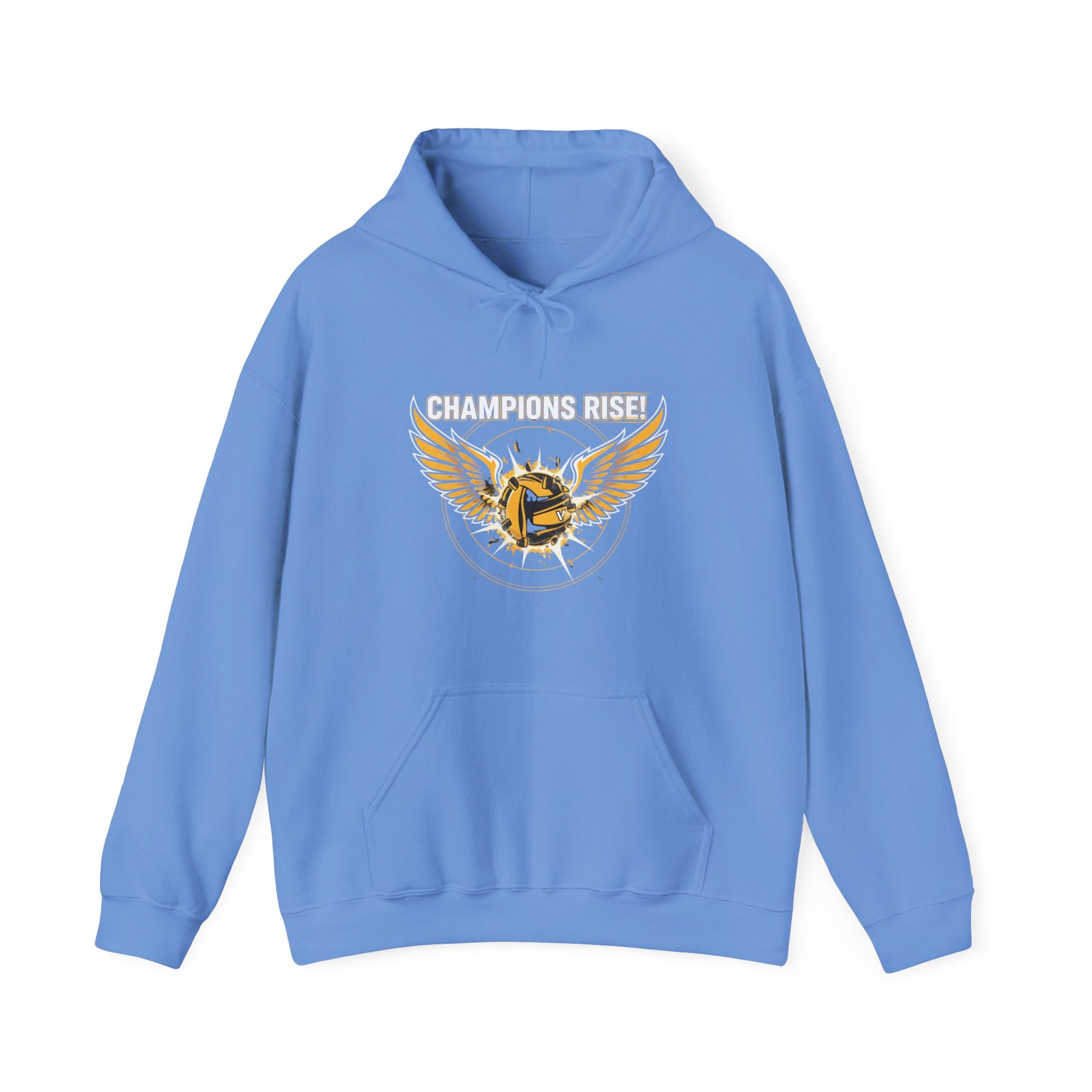 Motivational athletic hoodie with Champions Rise text and wings