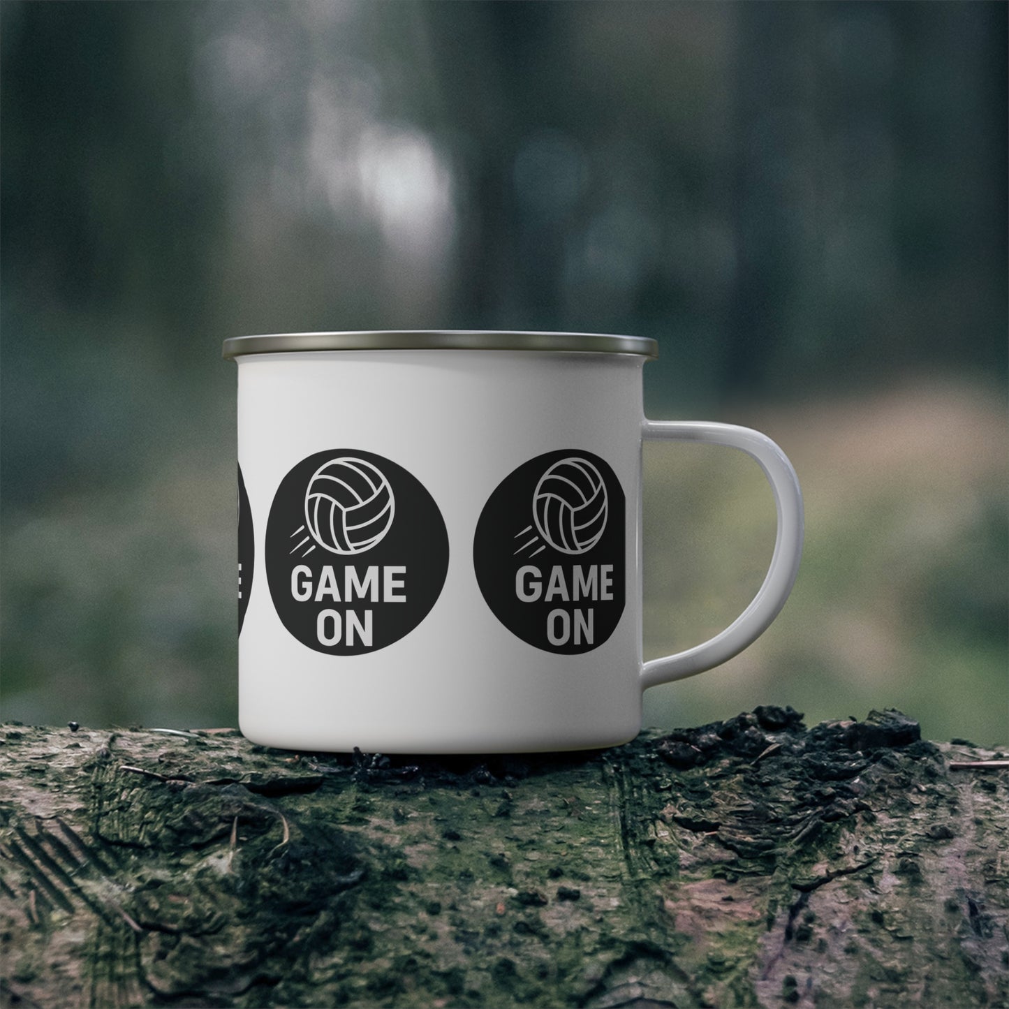 12oz enamel mug featuring volleyball illustration for outdoor use