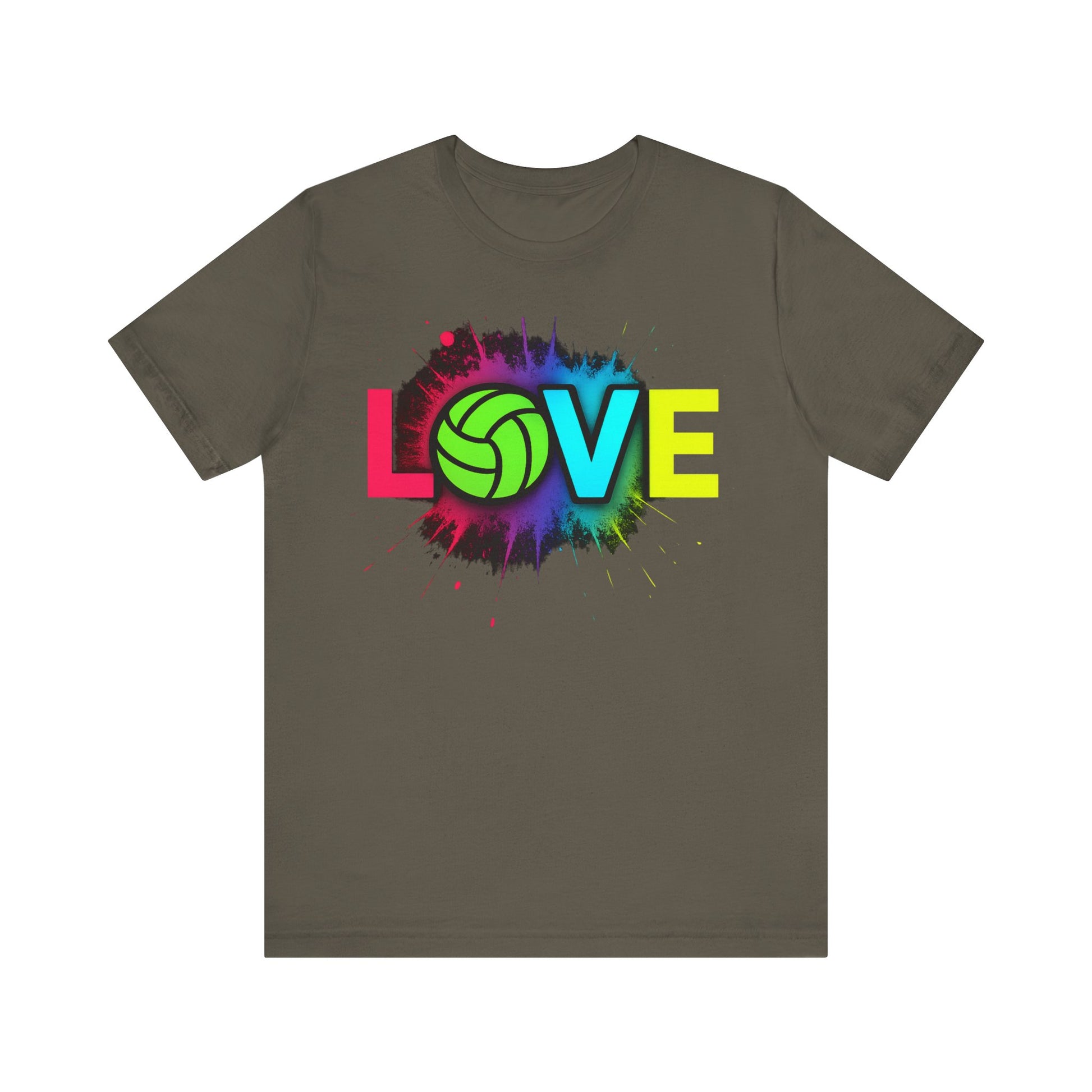 Unisex Love Volleyball tee in vibrant neon colors