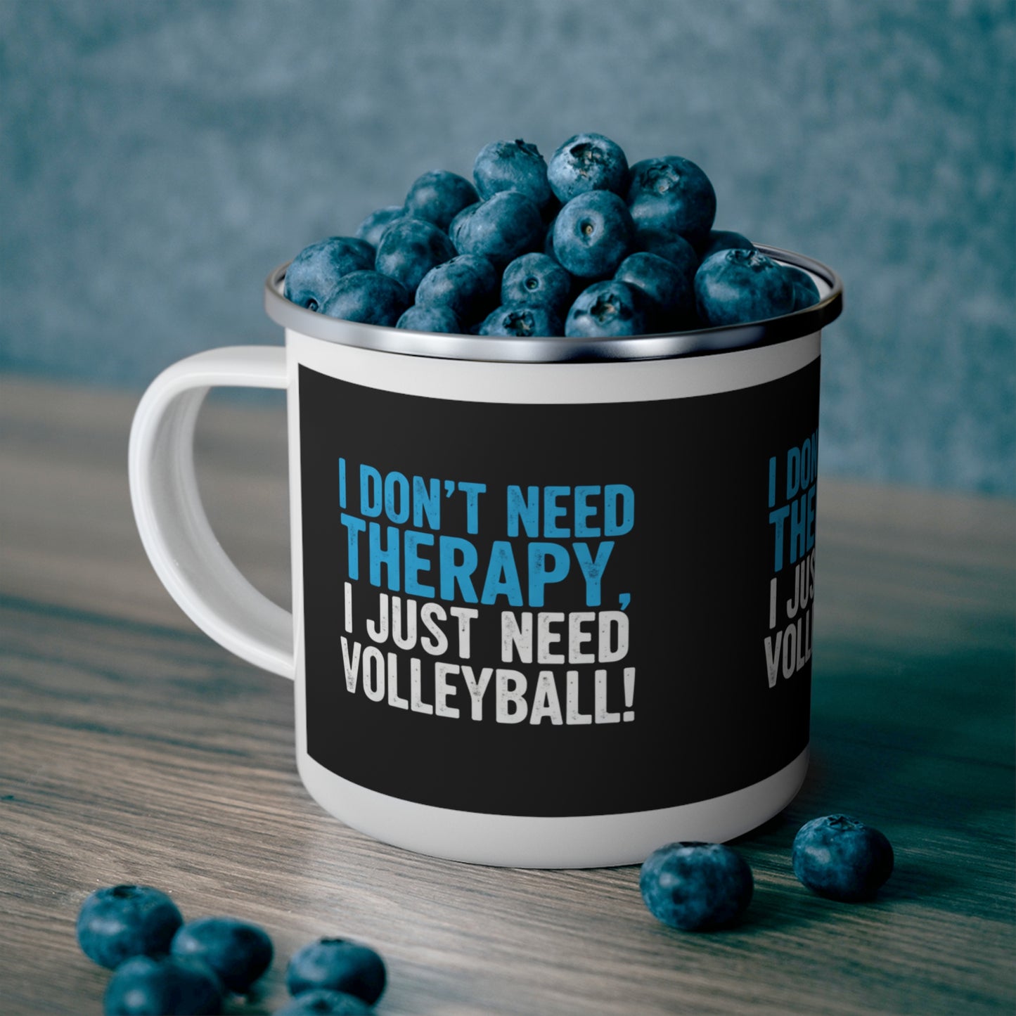 Lightweight enamel mug with volleyball design