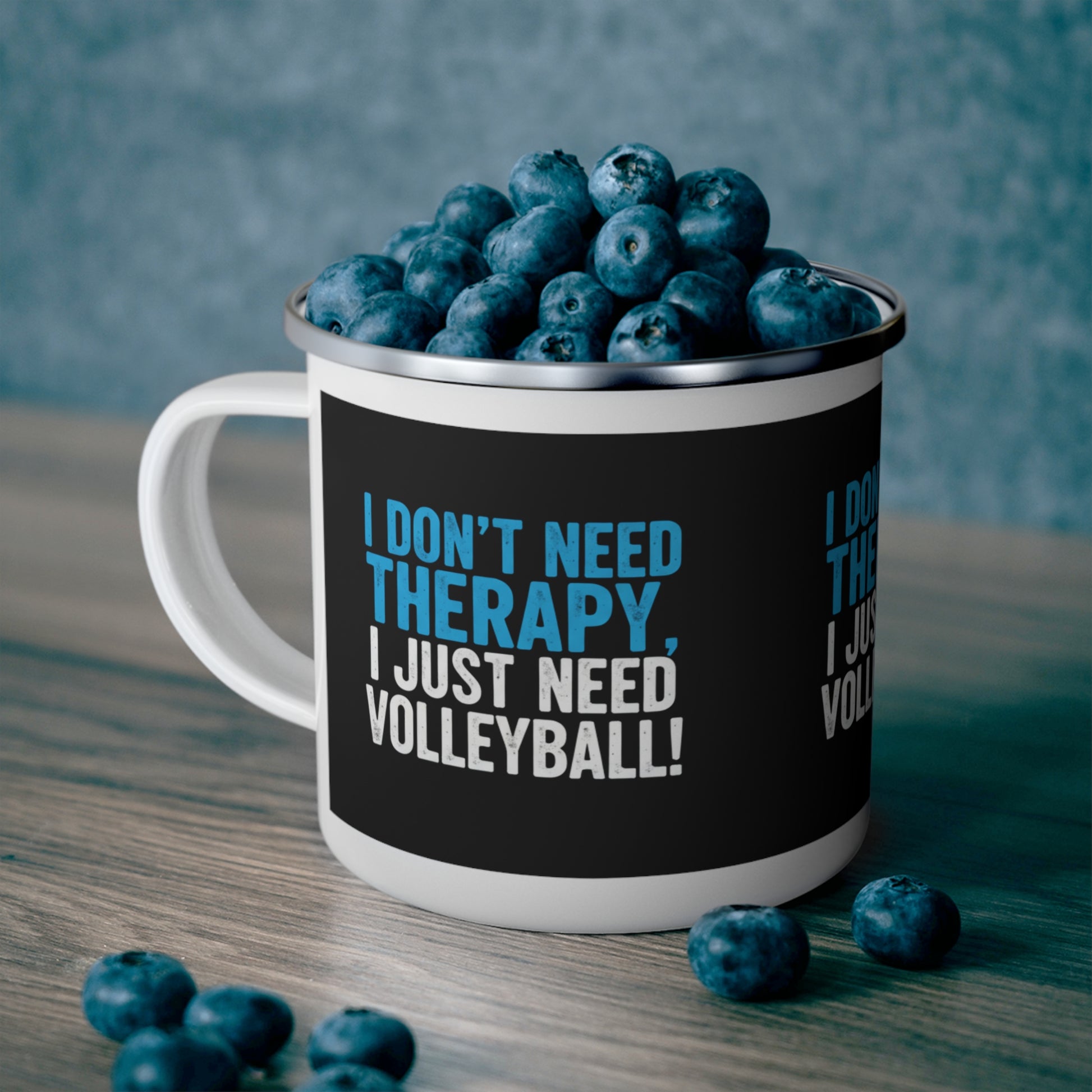 Lightweight enamel mug with volleyball design
