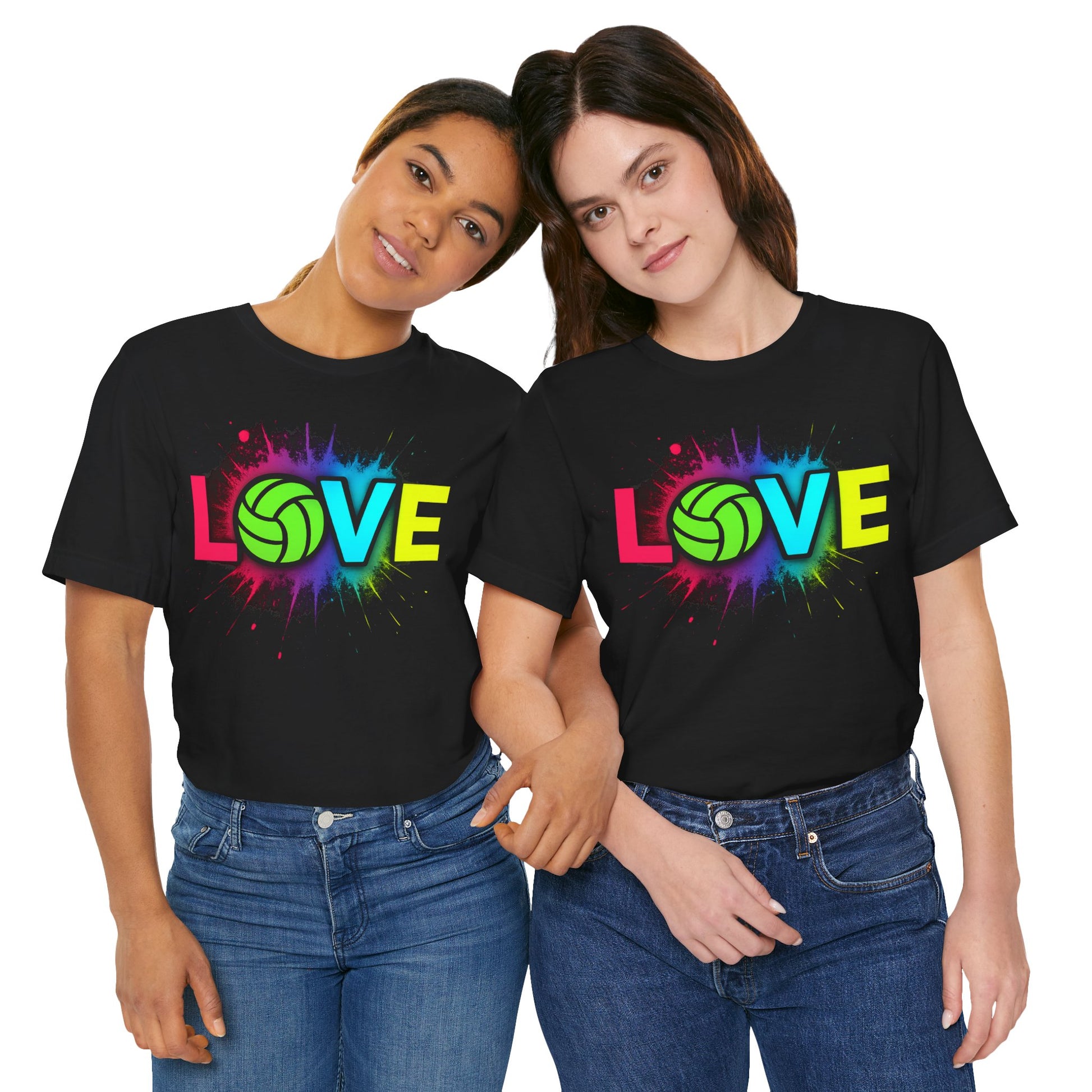 Front view of neon volleyball graphic on Love Volleyball tee