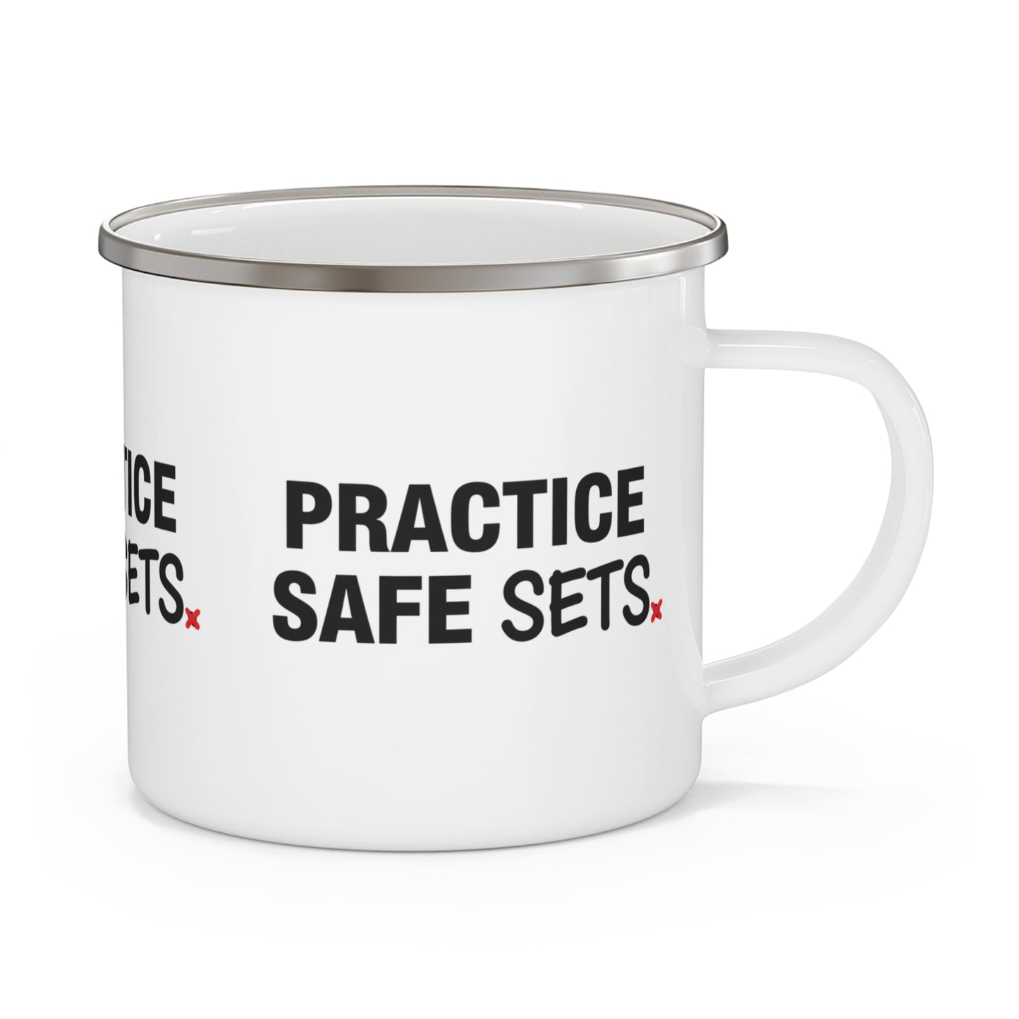 Funny volleyball saying Practice Safe Sets on enamel cup