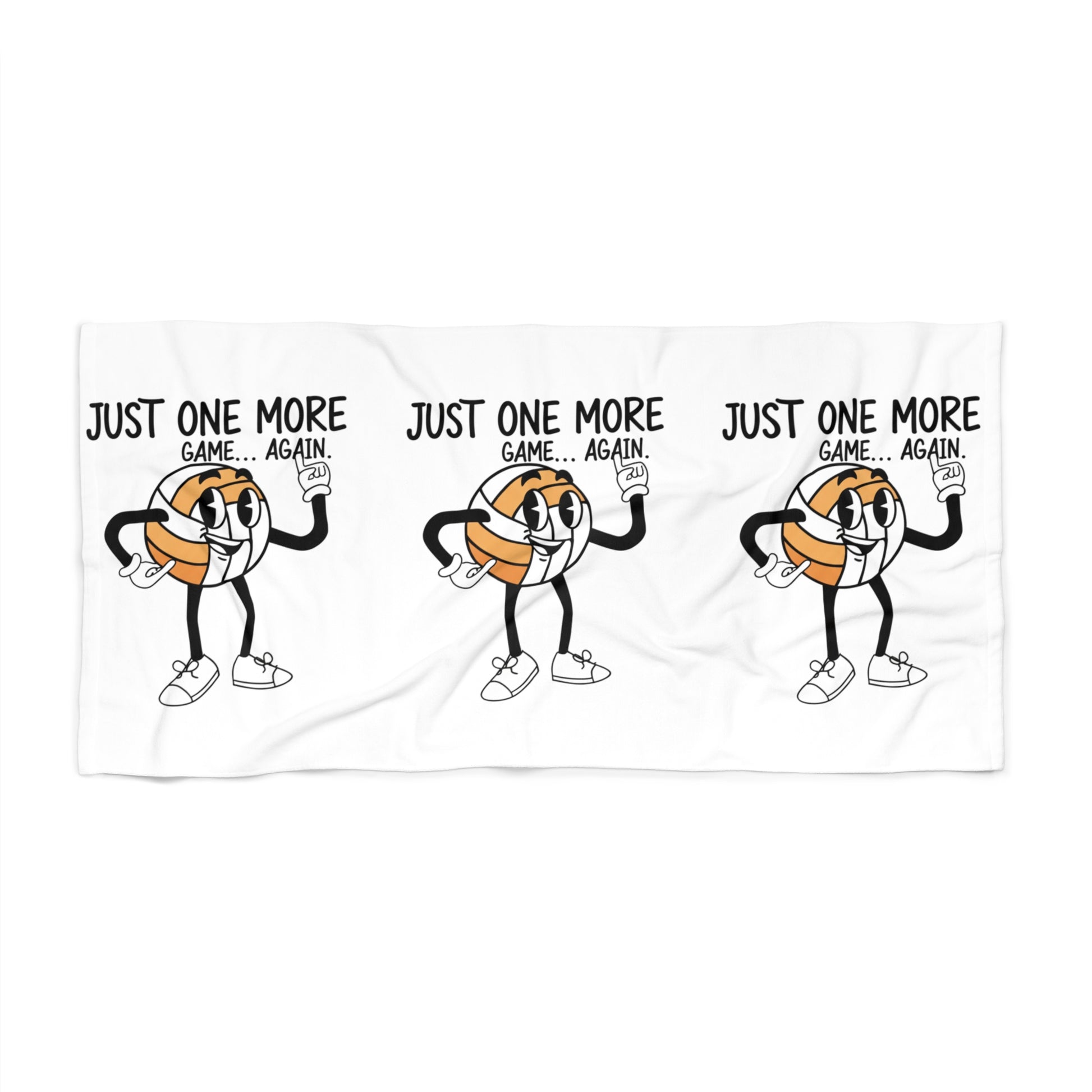 Volleyball beach towel with “Just One More Game… Again” print