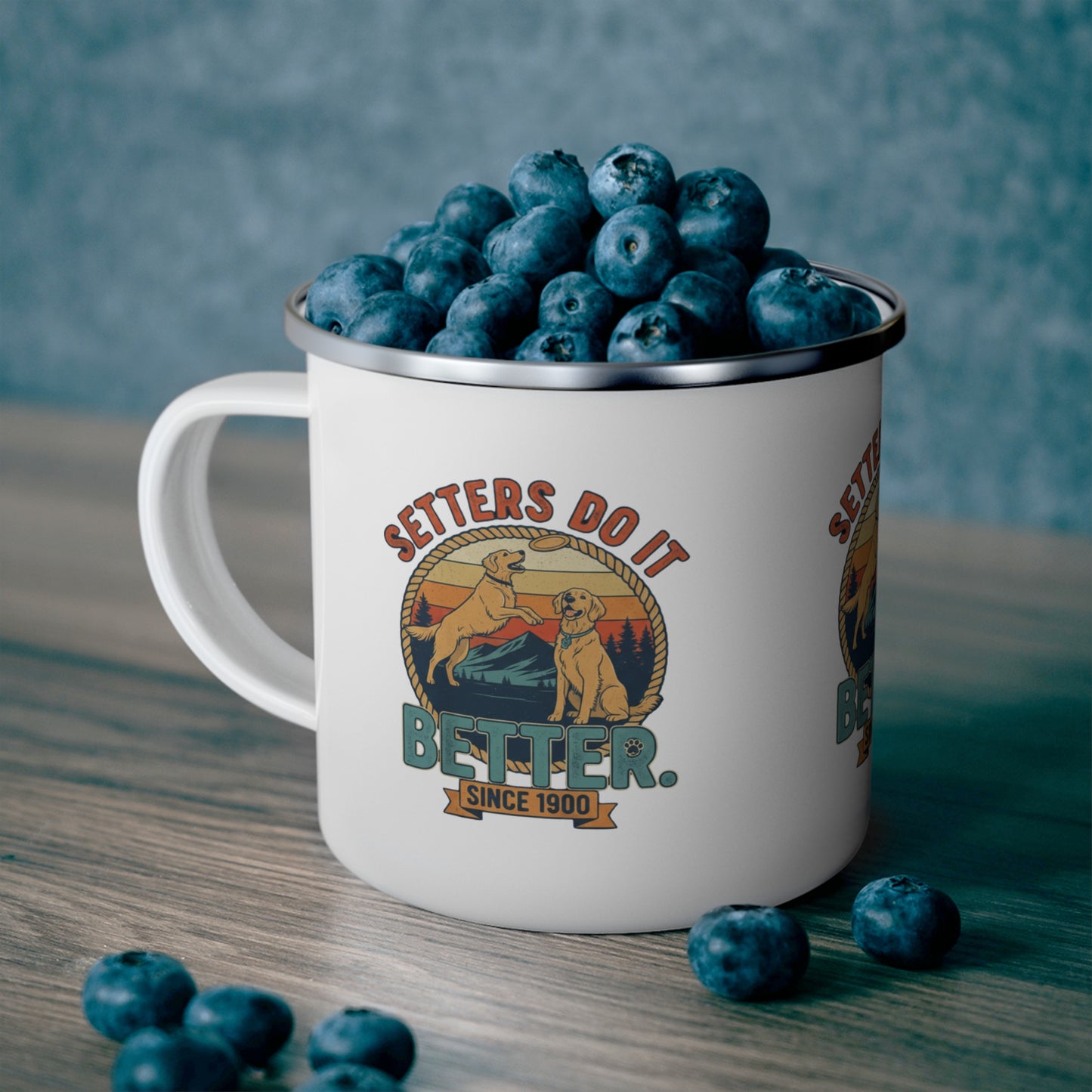 White enamel mug featuring Setters Do It Better graphic