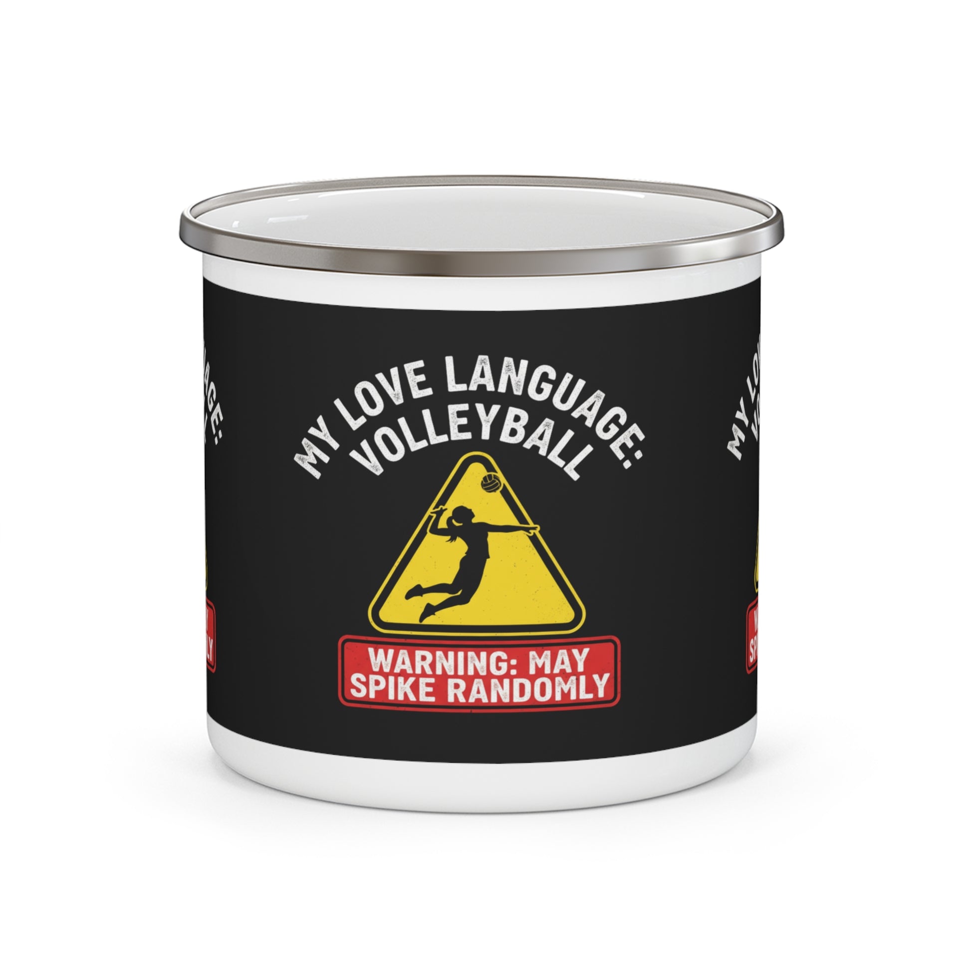 Volleyball warning mug with spiking silhouette