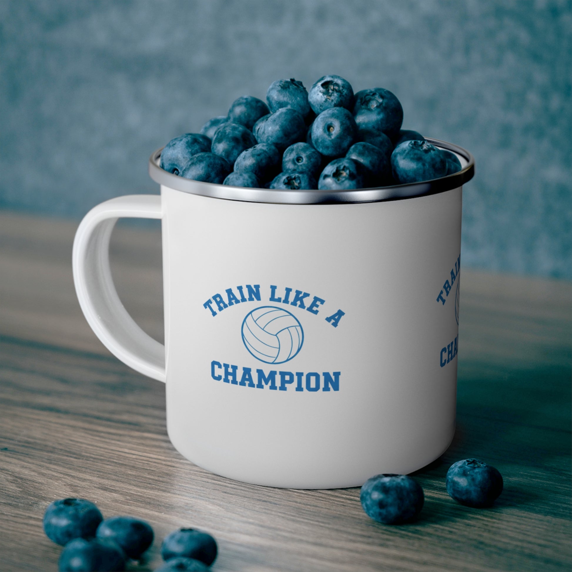 Durable enamel mug featuring volleyball and bold typography