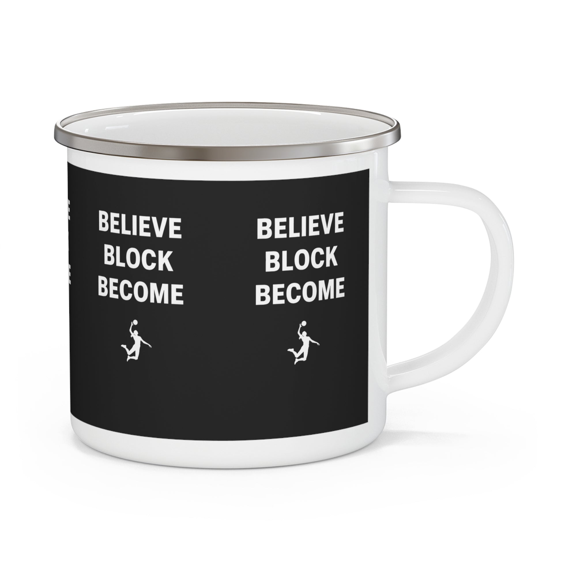 BELIEVE BLOCK BECOME heavy typography on white enamel mug