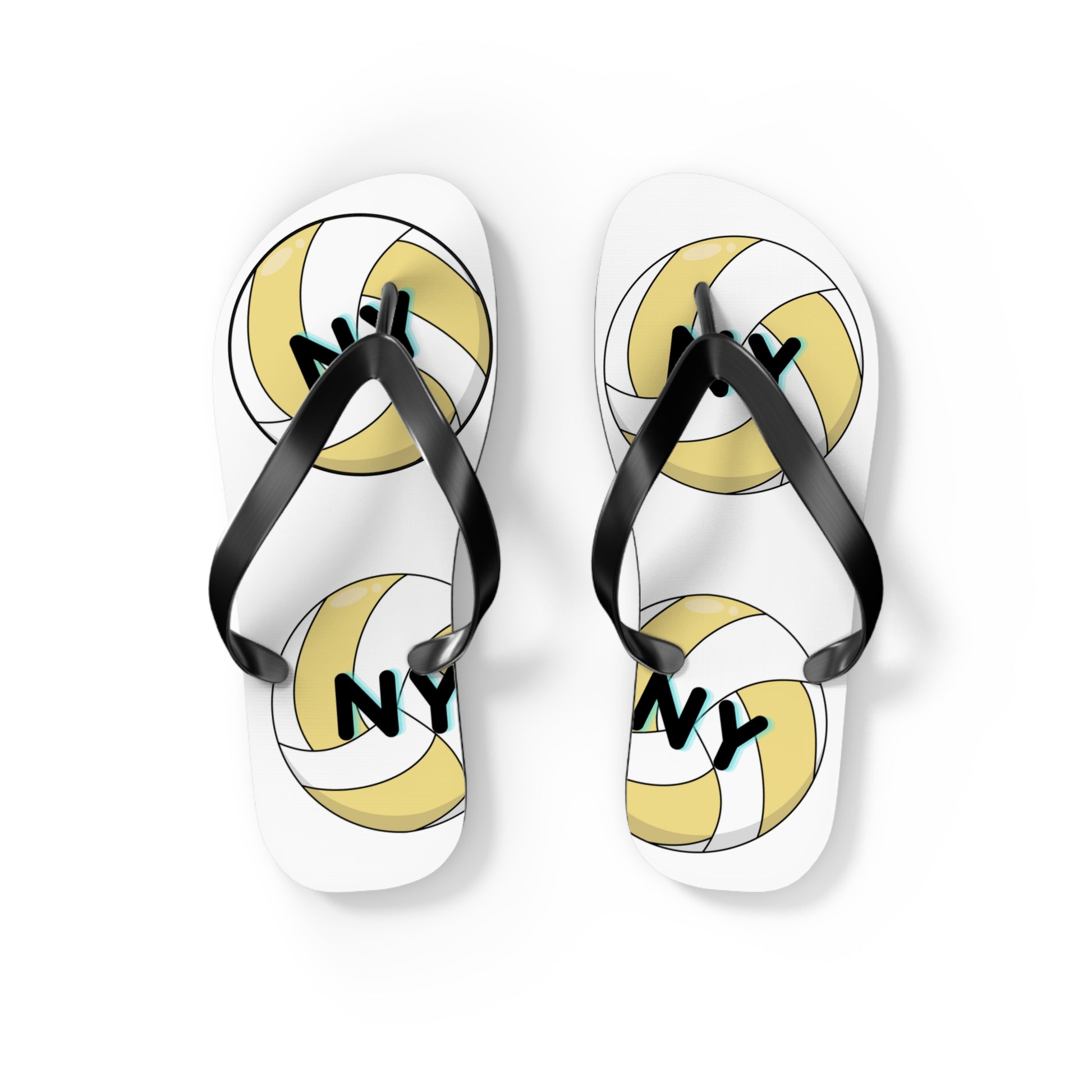 New York Volleyball flip flops featuring volleyball-themed artwork