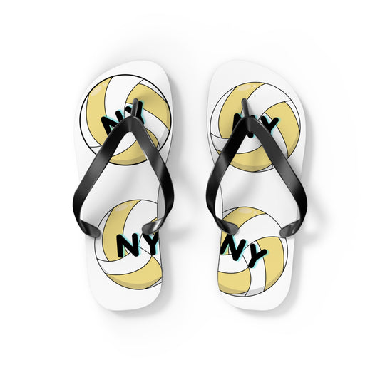New York Volleyball flip flops featuring volleyball-themed artwork