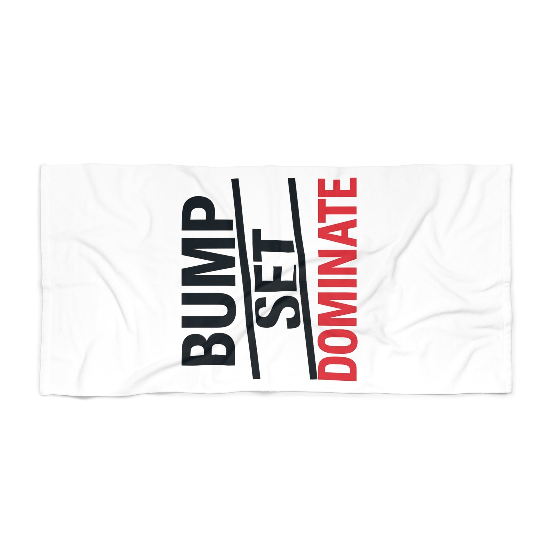 Volleyball beach towel with “Bump, Set, Dominate!” graphic