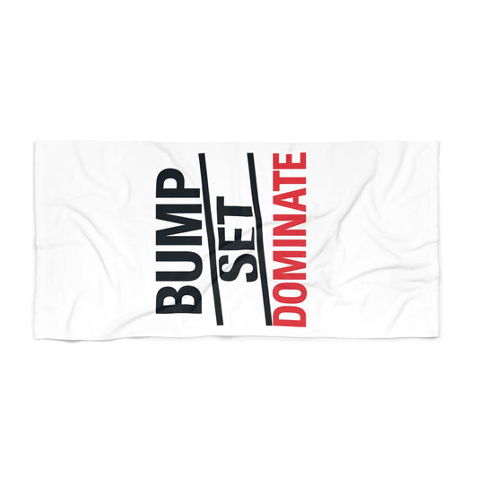 Volleyball beach towel with “Bump, Set, Dominate!” graphic