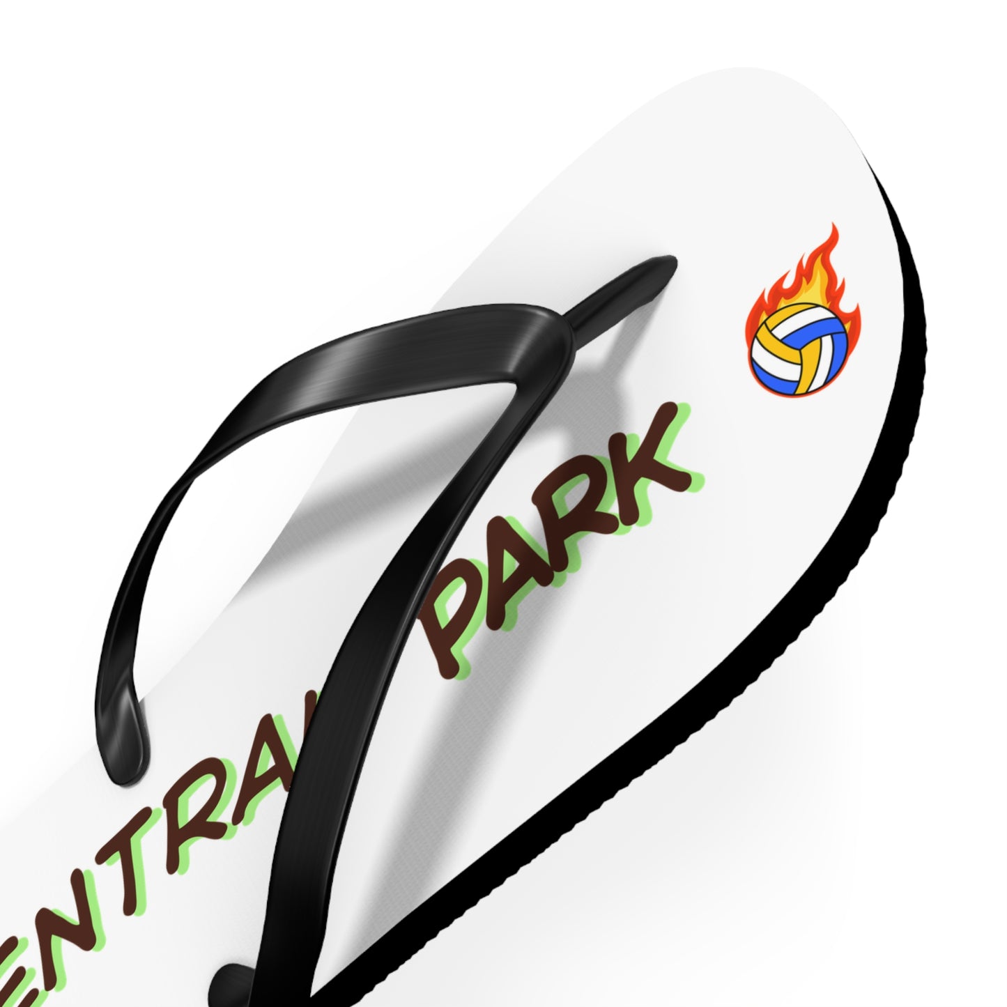 Volleyball flip flops showcasing Central Park Volleyball text