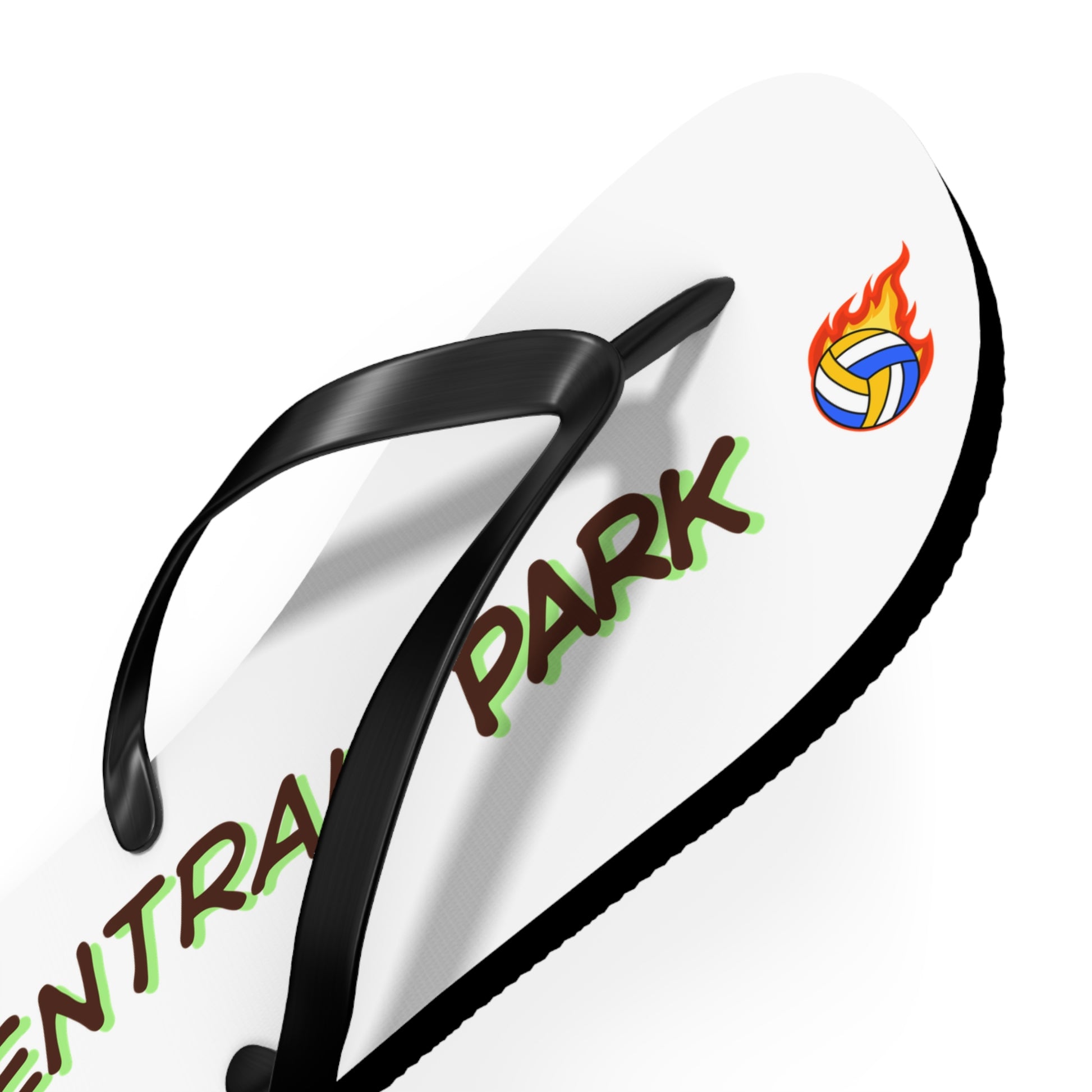 Volleyball flip flops showcasing Central Park Volleyball text